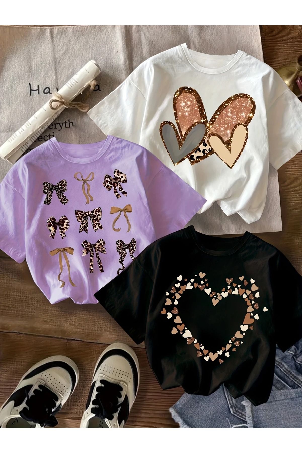 Renna Mood Kız/ Erkek Çocuk 3`lü Paket Leopar Kurdeleli Minik Kalpler Baskılı Penye T-shirt