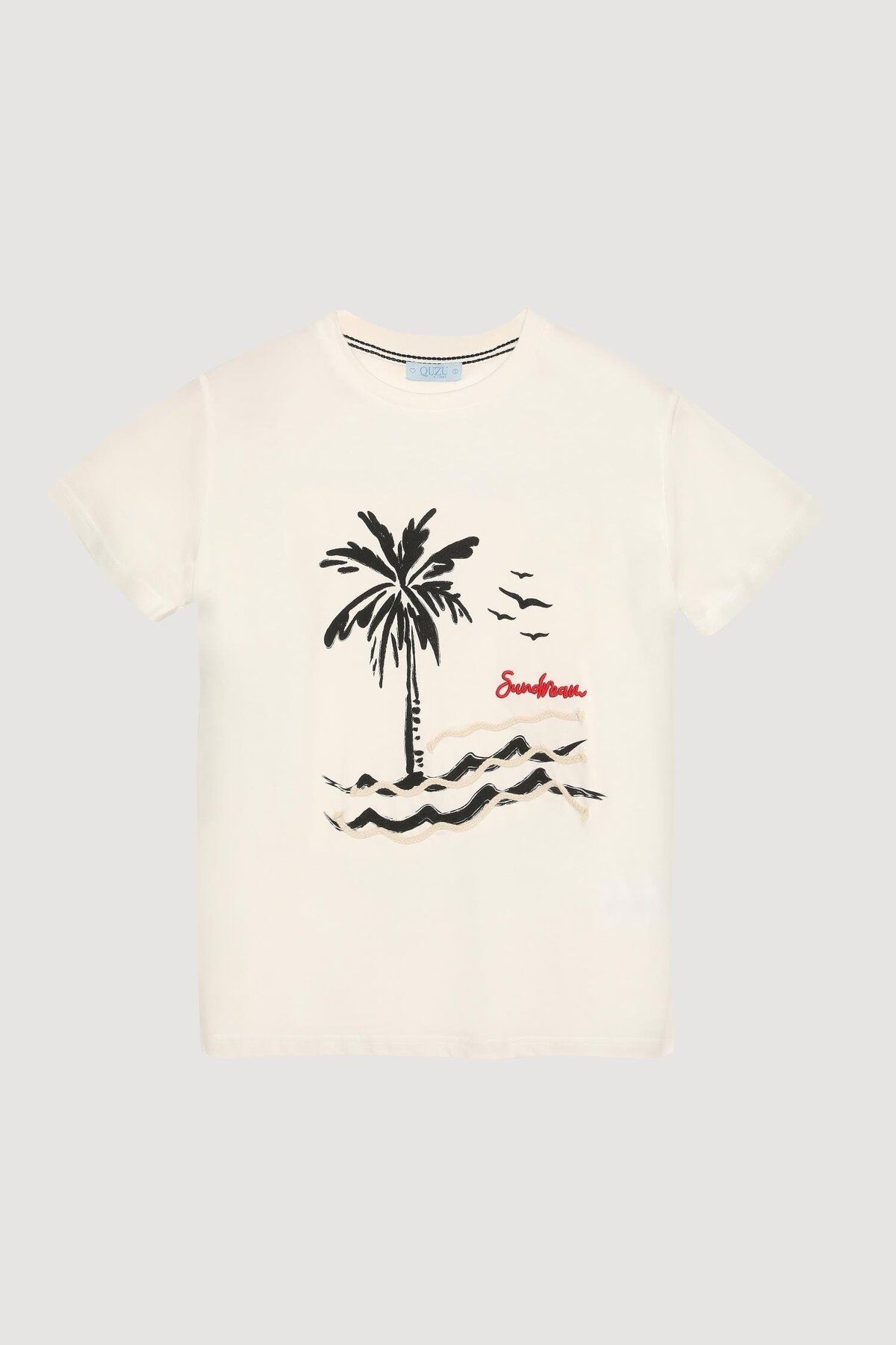 Quzu Baskı ve Nakış Detaylı T-shirt Ekru