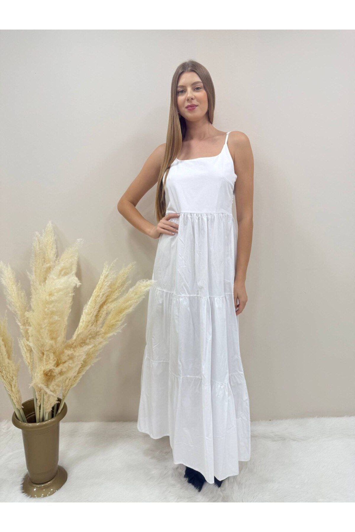 AsprinFashion ASKILI UZUN ELBİSE BEYAZ