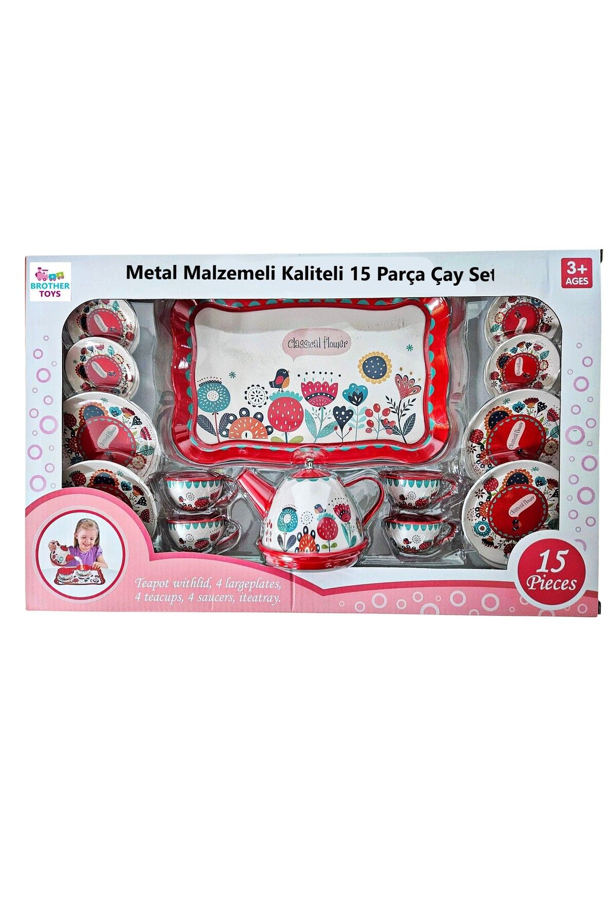 Brother Toys Oyuncak Metal Çay Evcilik Ve Mutfak Seti 15 Parça Çay Bardak Tepsi Çaydanlık Tabak 44 Cm. Büyük Boy
