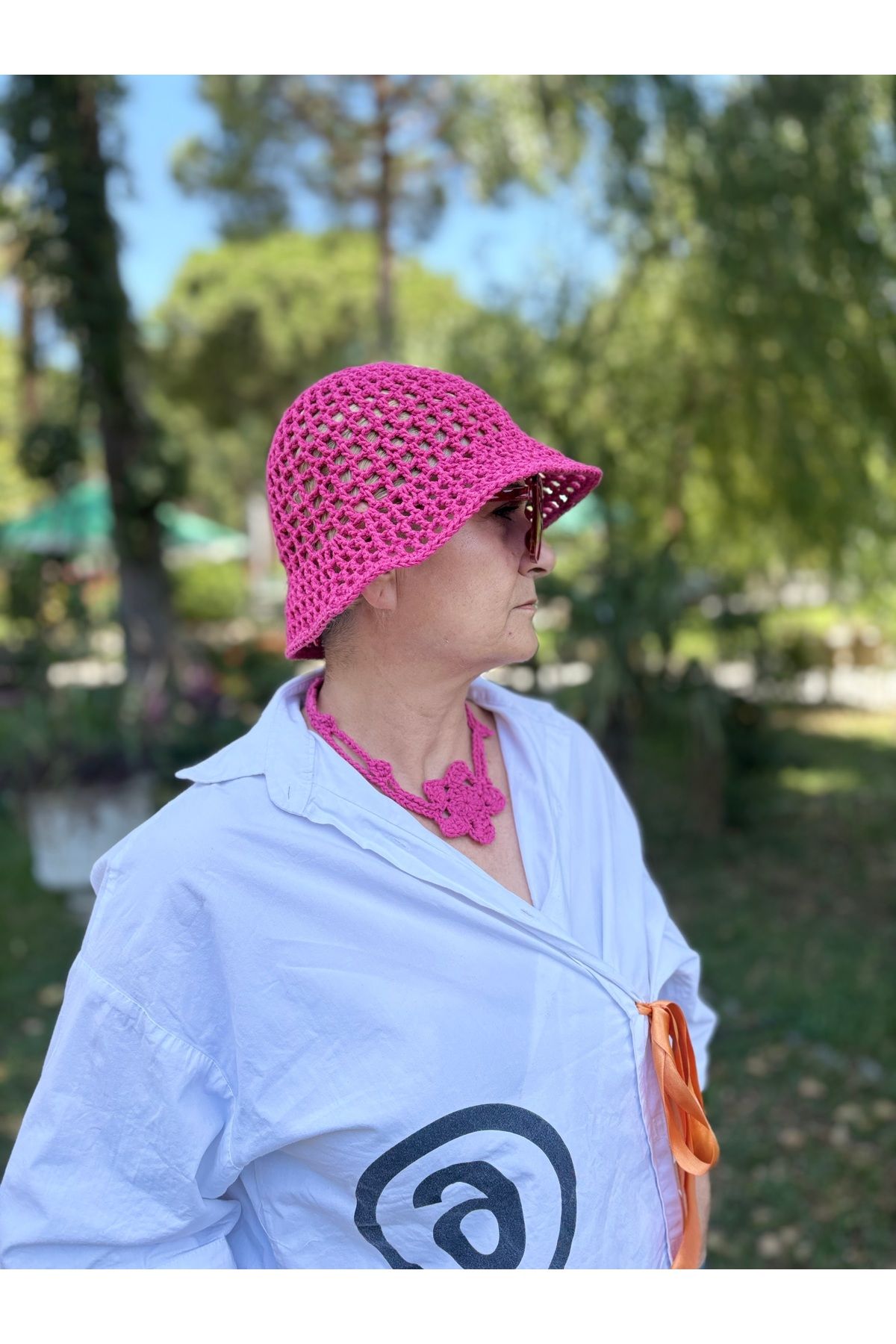 simarikcraft Makrome El Yapımı Pembe Şapka ve Çiçek Kolye Takım – Yazlık Örgü Set