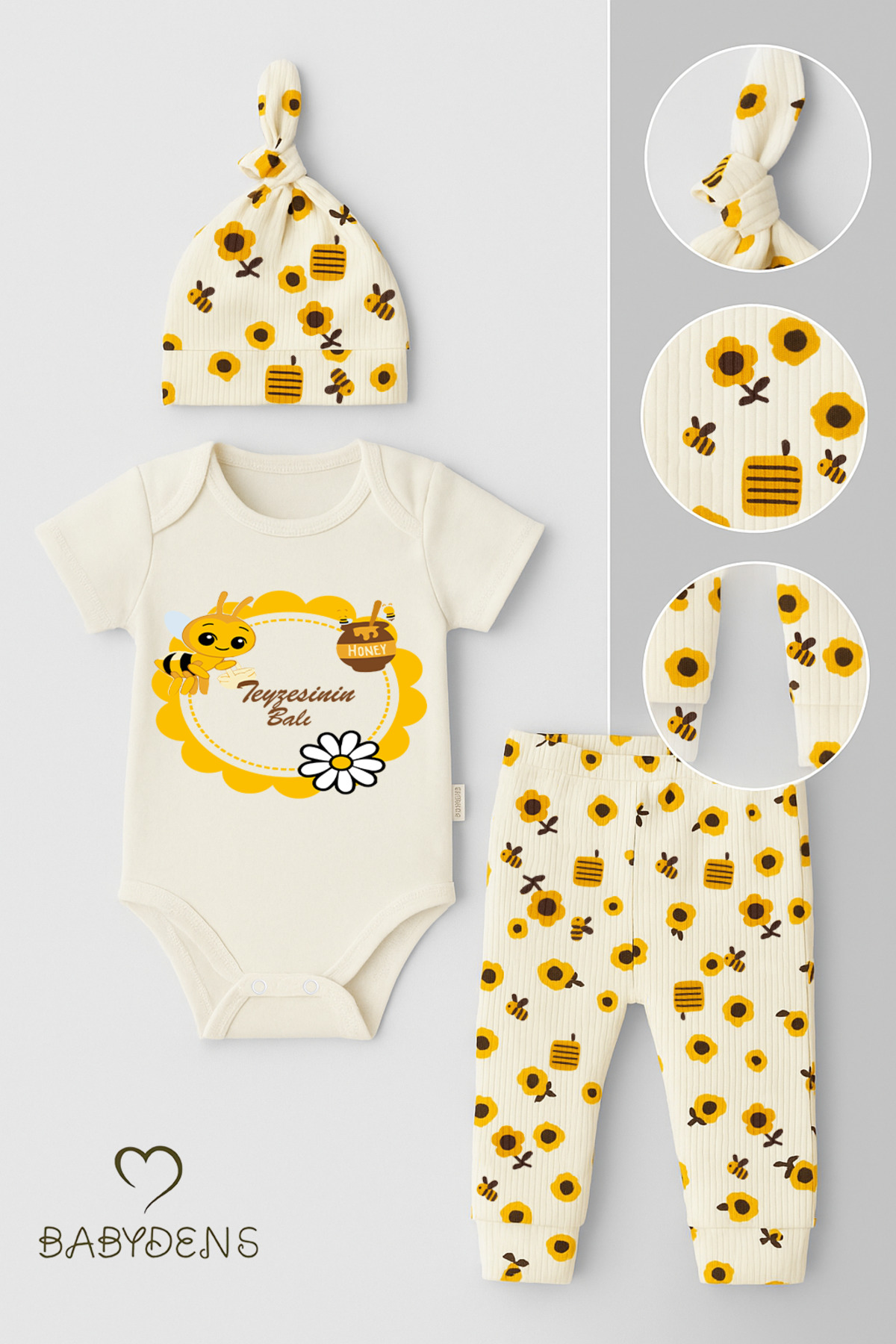 BABYDEN'S Teyzesinin Balı Yazılı 3’lü Bebek Takımı Kısa Kollu Çıtçıtlı Body Zıbın, Arı Desenli Pantolon ,Bere fotoğrafı 4 (önizleme)