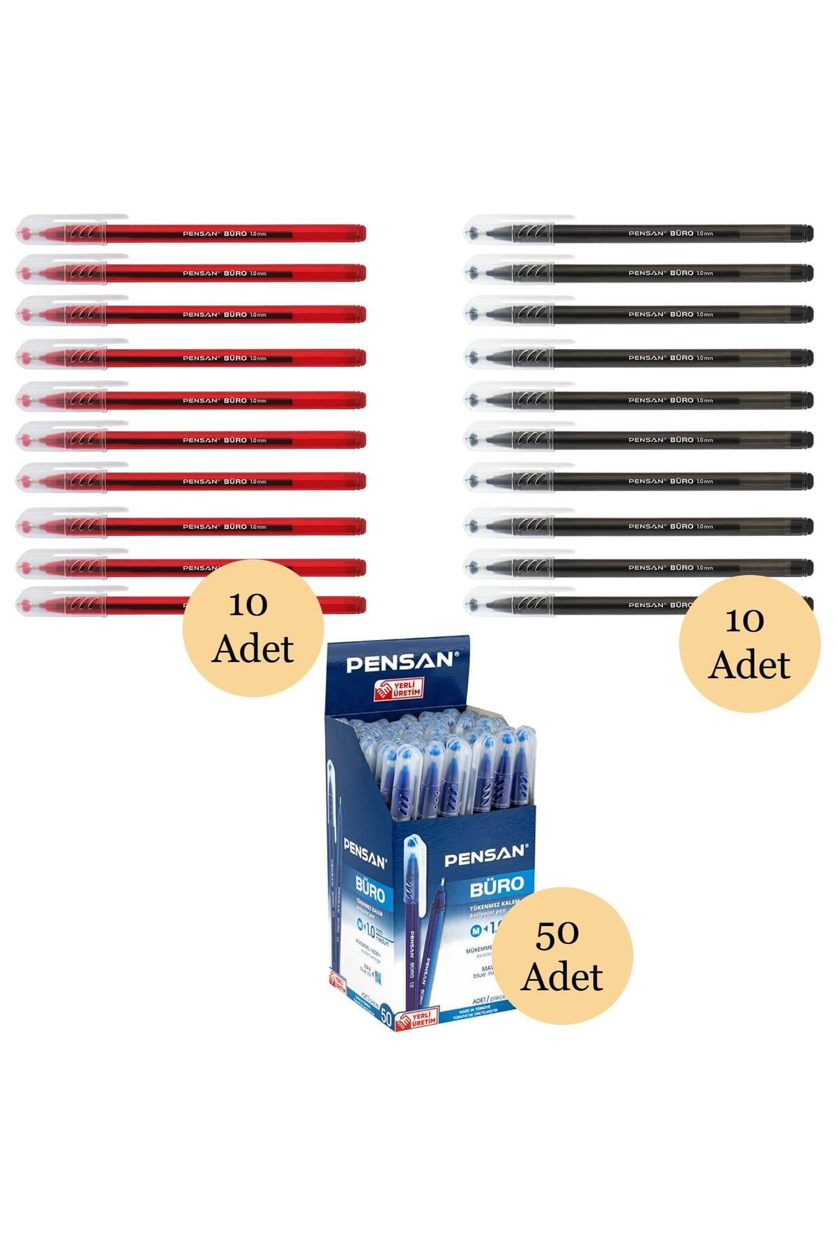 Pensan Büro Tükenmez Kalem 50 Li Mavi + 10 Lu Siyah + 10 Lu Kırmızı