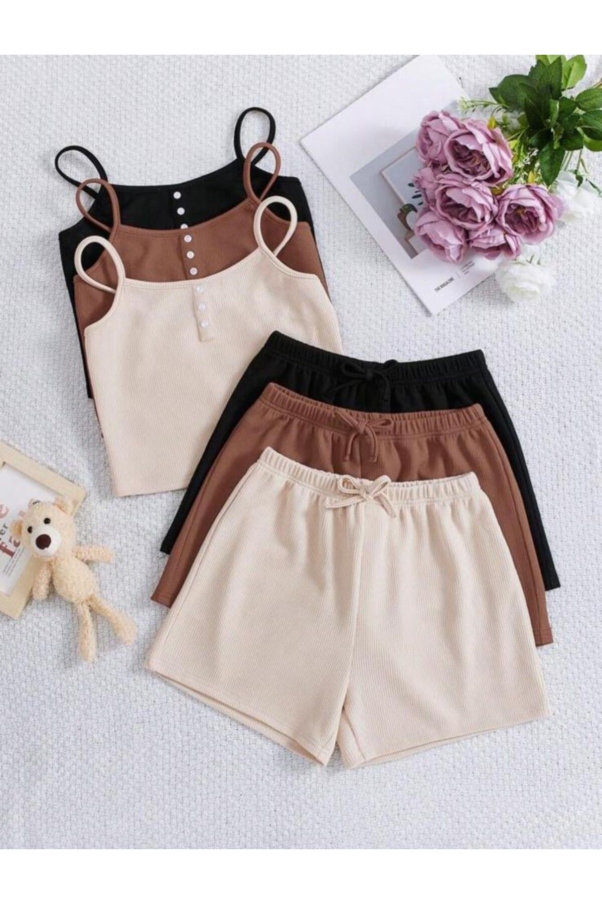 AFROGİYİM 3lü Askılı Crop Şort Takım