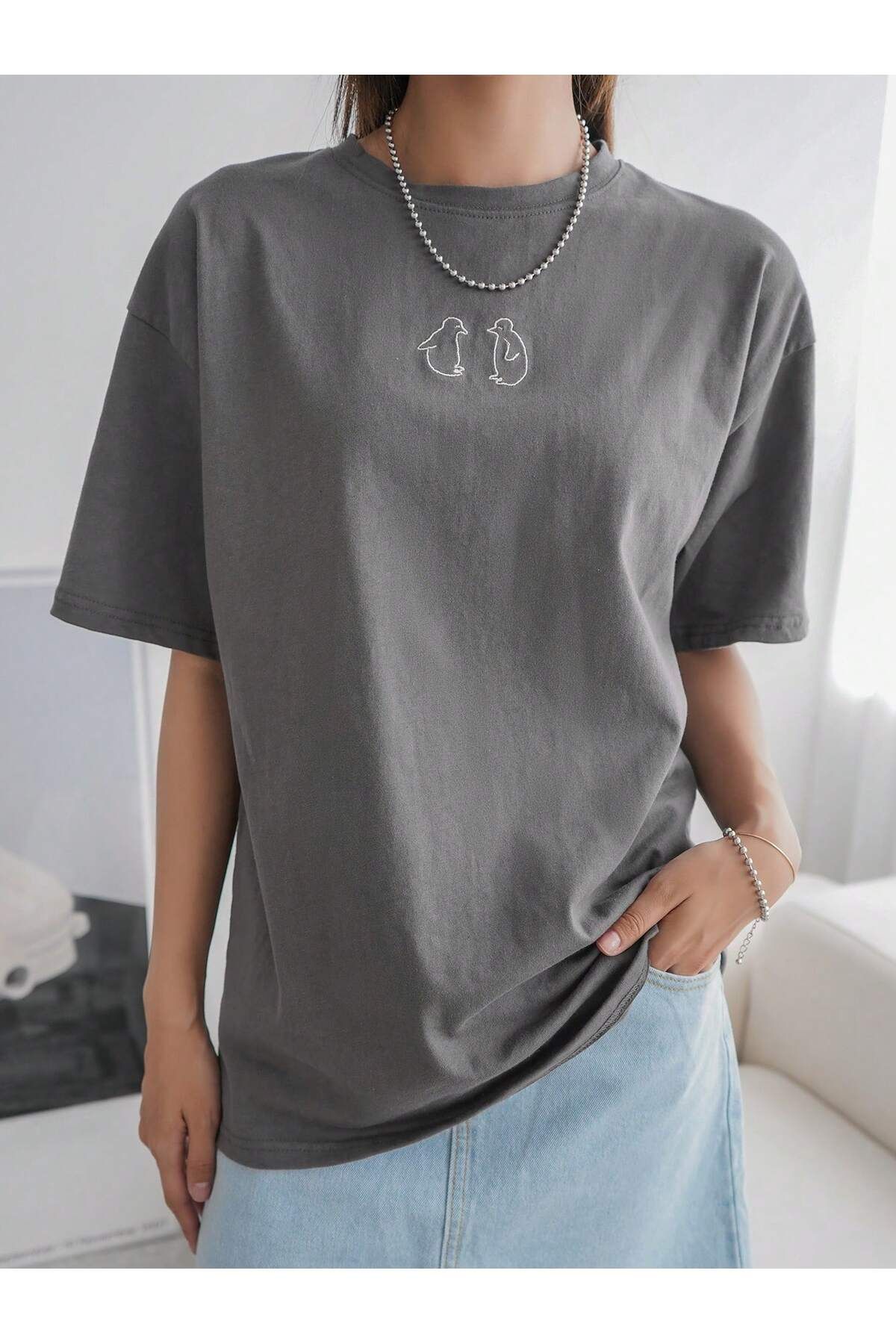 JANSO GROUP -KADIN PAMUKLU BASKLI penguin KISA KOLLU TSHIRT OVERSİZE BÜYÜK BEDEN