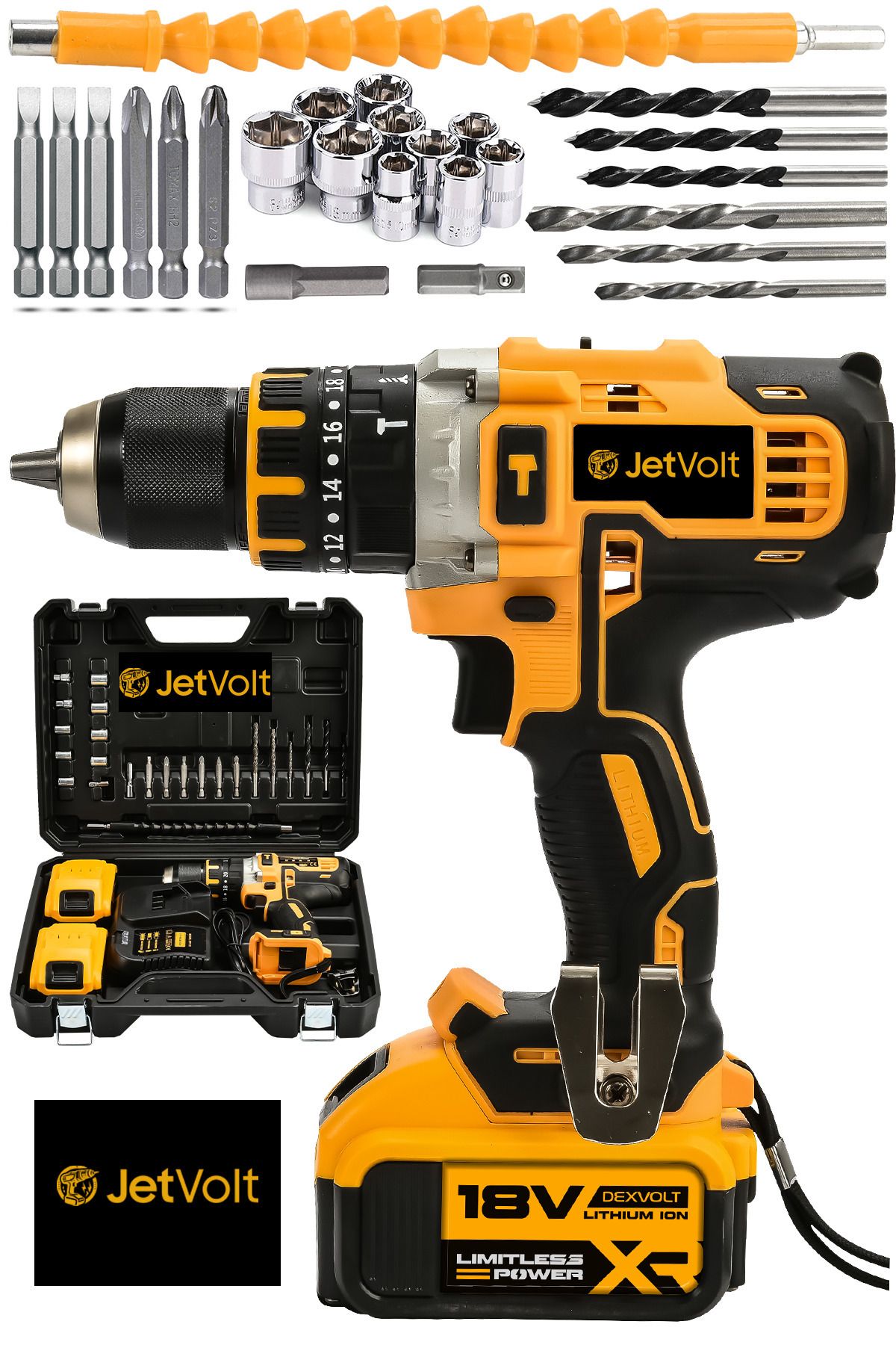 Elioure 18V Metal Şanzıman Çift Akülü Darbeli Matkap 24 Parça Sarı