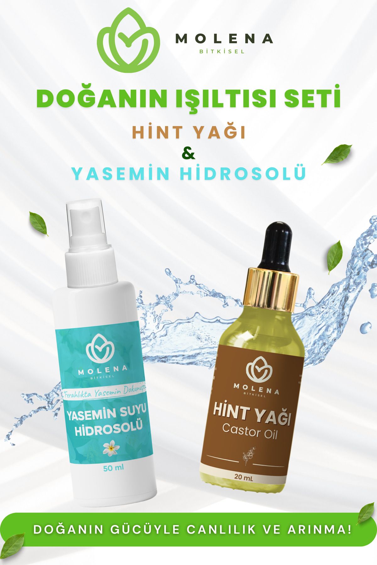 MOLENA BİTKİSEL Yasemin Hidrosolü 50 ml + Hint Yağı 20 ml | Cilt Rahatlatıcı & Saç Besleyici Bakım Seti