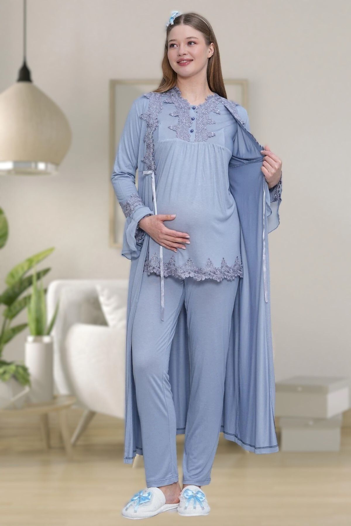Pelin Kadın Mavi Uzun Kollu Dantel Detaylı Lohusa Hamile 3'Lü Pijama Takımı