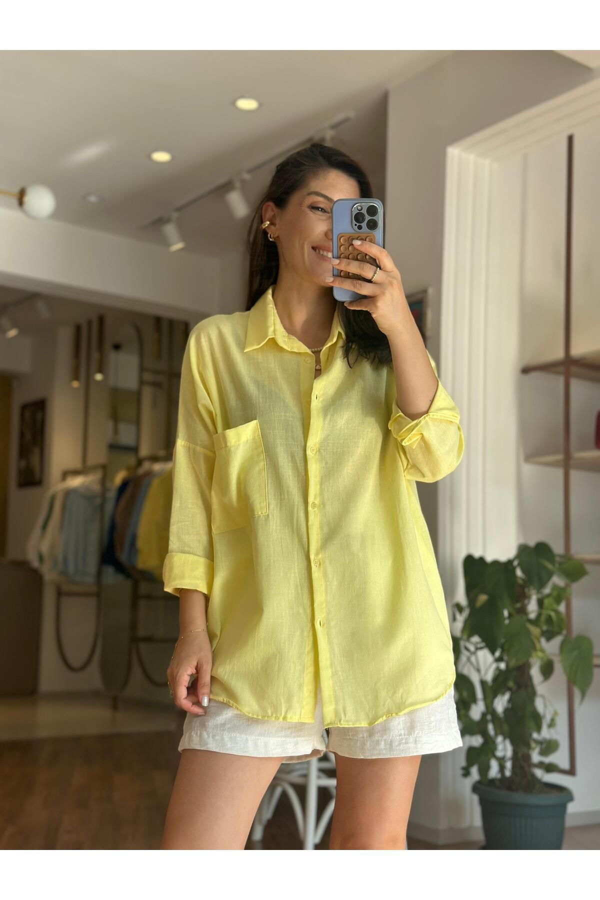 Unique Boutique Sarı Standart Beden Keten Gömlek