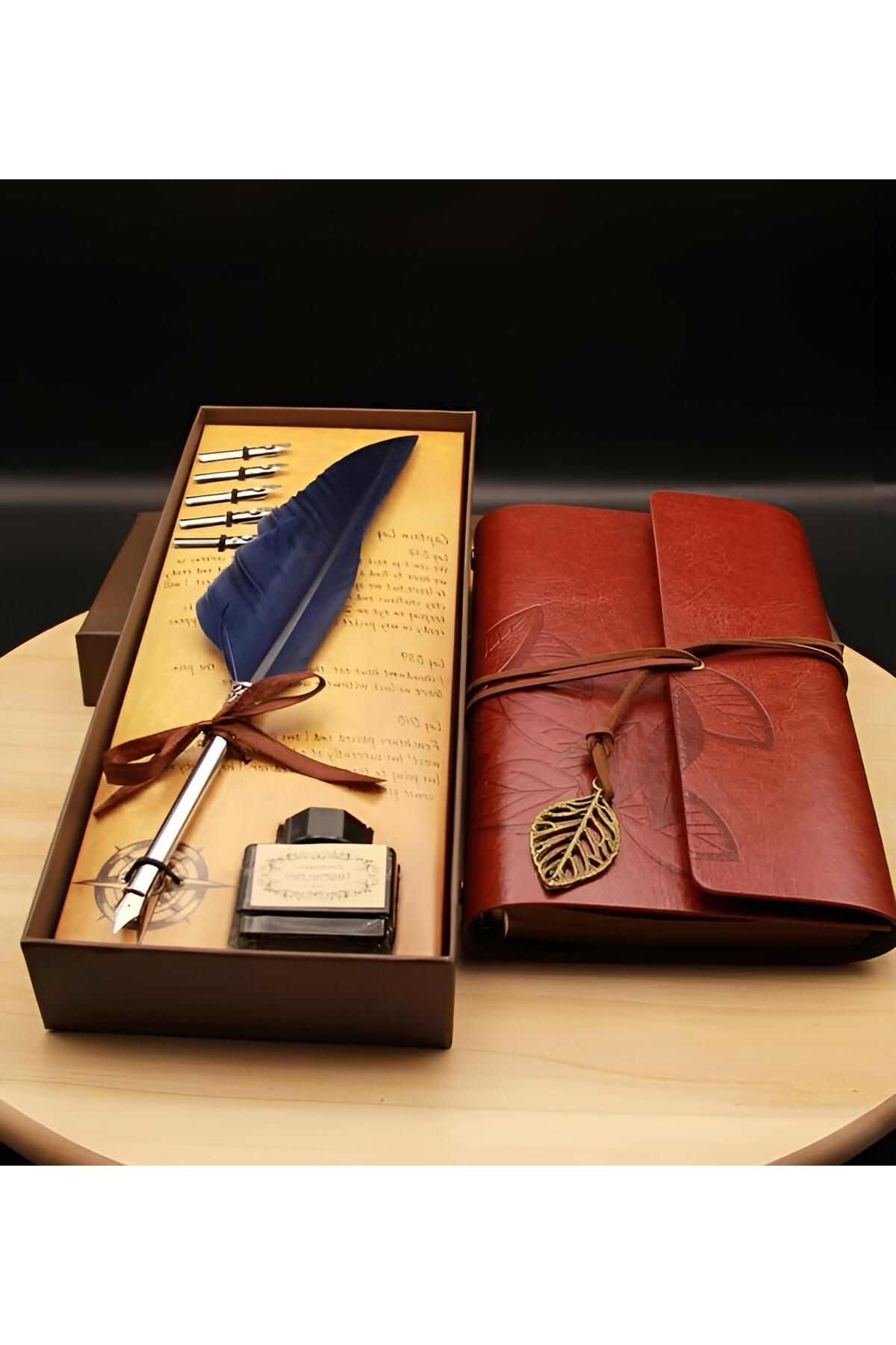 Wolawood El Yapımı Deri Kapaklı Defter ve Divit Kalem Seti Nostaljik Mürekkep Yazı Takımı Vintage Hediyelik