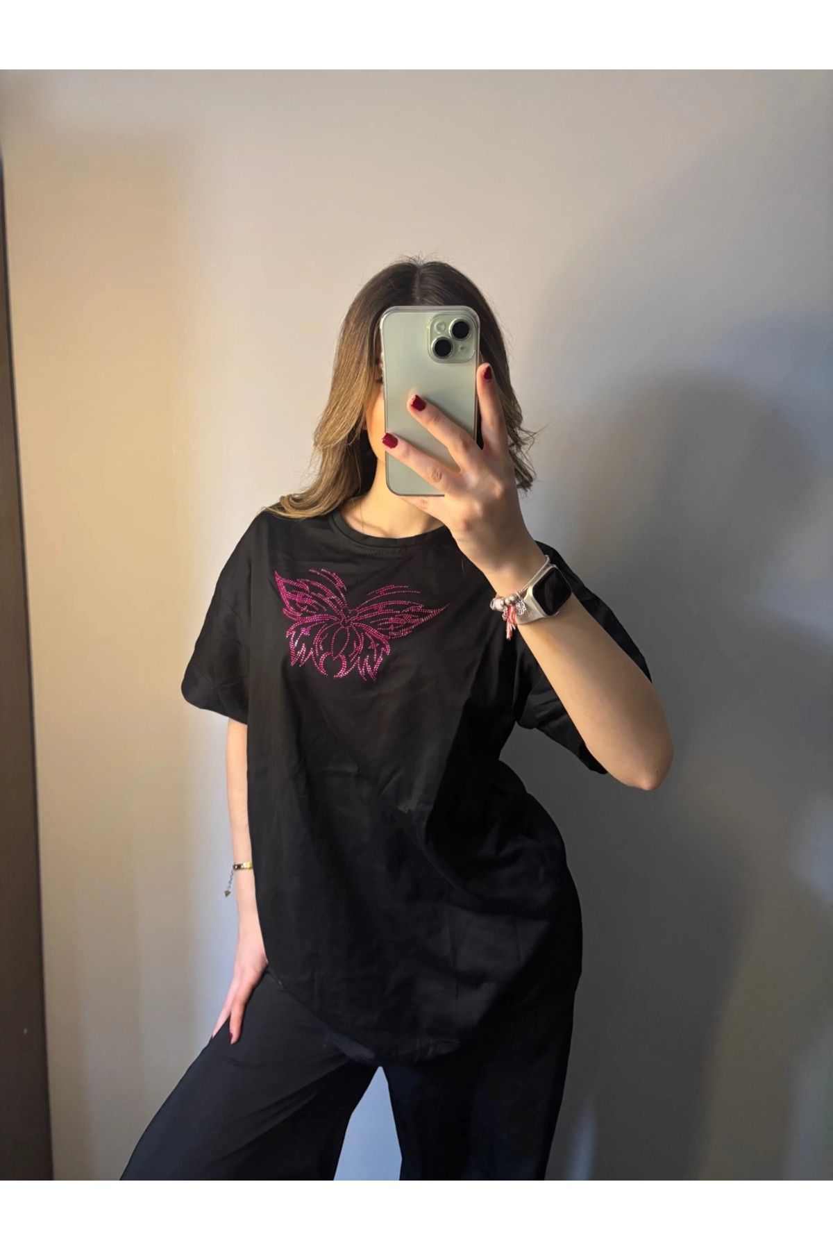 Bravebell Siyah Pembe Butterfly Taş Baskılı Kısa Kol T-shirt