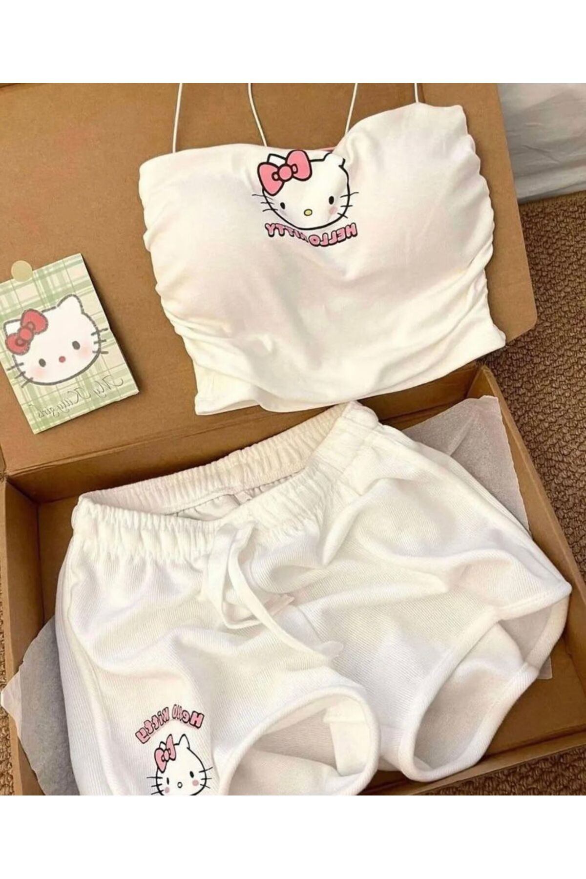CES'Y LİNGERİE Beyaz Kitty Bluz Şort Alt Üst Takım