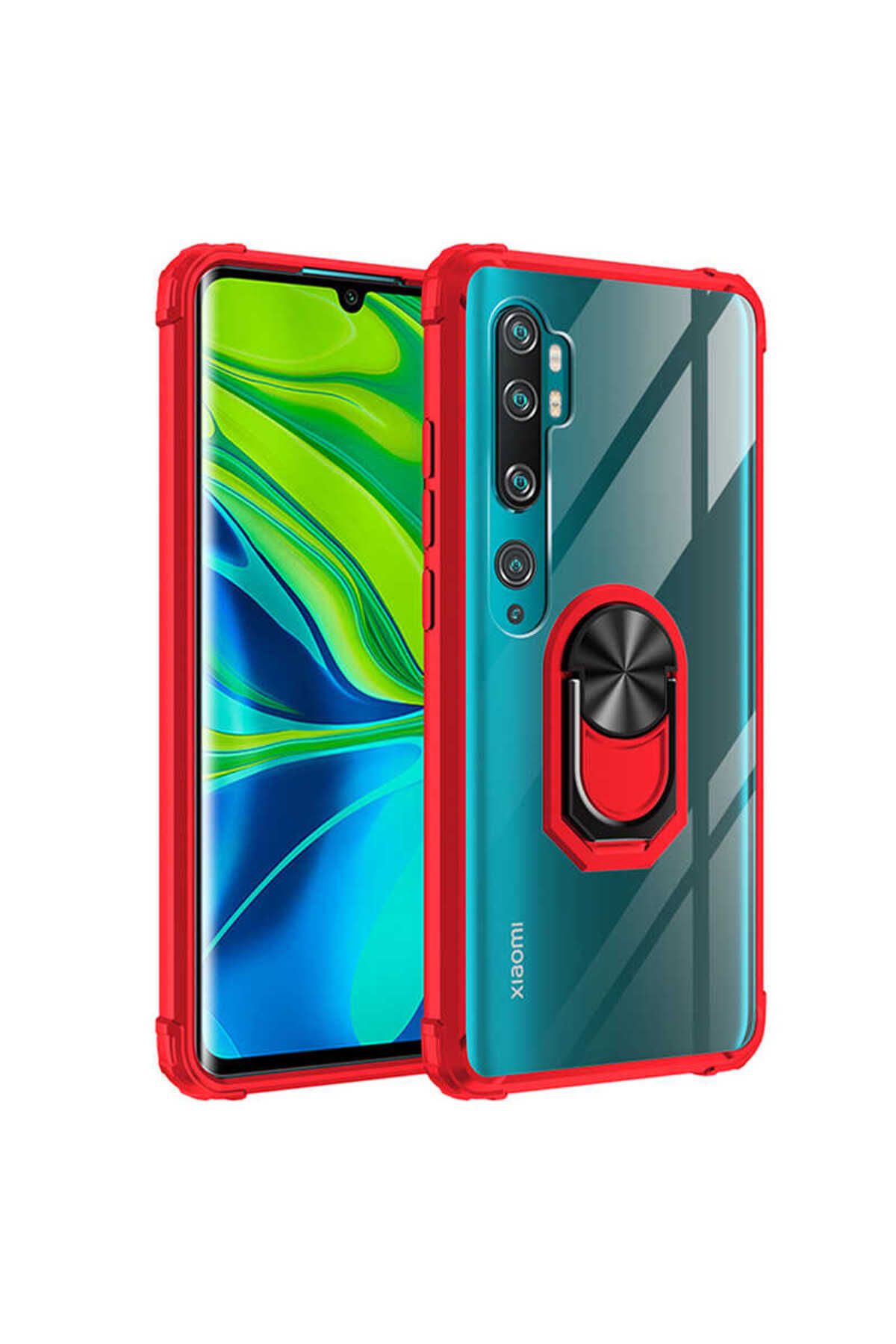 halkhouse Xiaomi Mi Note 10 Lite Kılıf Sert Silikon Dayanıklı Şeffaf Renkli Yüzüklü Mola Kapak