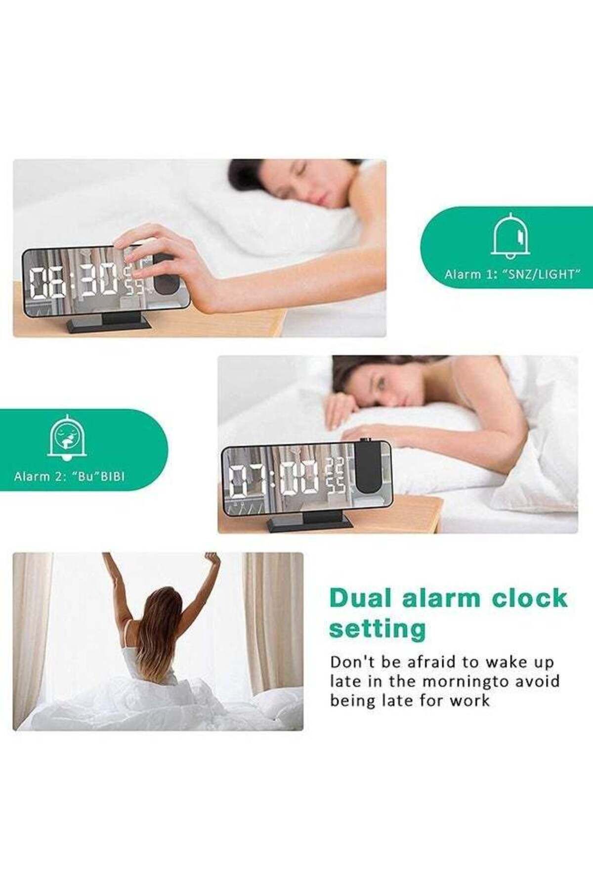 COOYA-Projection Alarm Clock,Radio Digital Alarm Clock, 7.4 Large Mirror LED Display Smart Clock 4