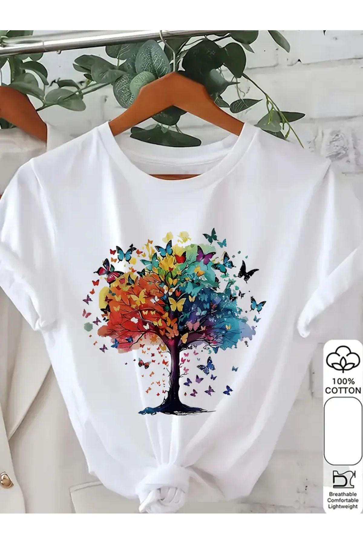 CLASİVA Agaç ve Kelebek ,Baskılı Oversize Bisiklet Yaka t-shirt