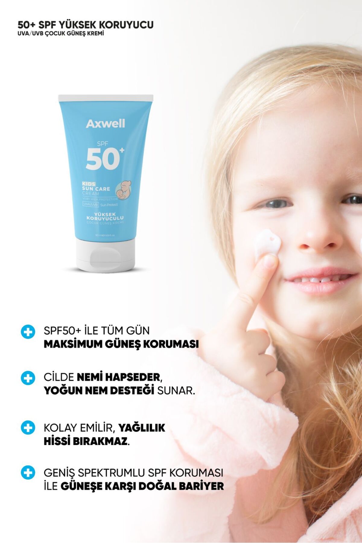 AXWELL SPF 50+ Yüksek Koruma Yüz Vücut Çocuk Güneş Koruyucu Suya Dayanıklı Tüm Ciltler İçin 50ml fotoğrafı 6 (önizleme)