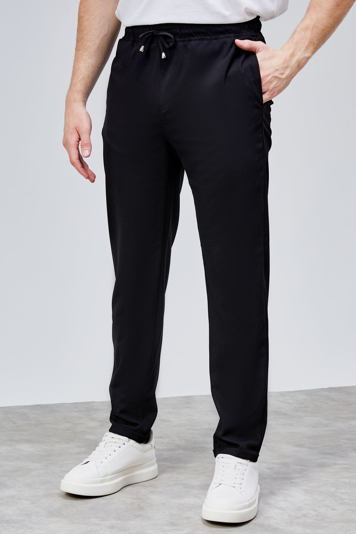 HLT JEANS Erkek Siyah Relaxed Fit Yandan Cepli Beli Lastikli Bağcıklı Duble Paça Jogger Pantolon BOLT-1996
