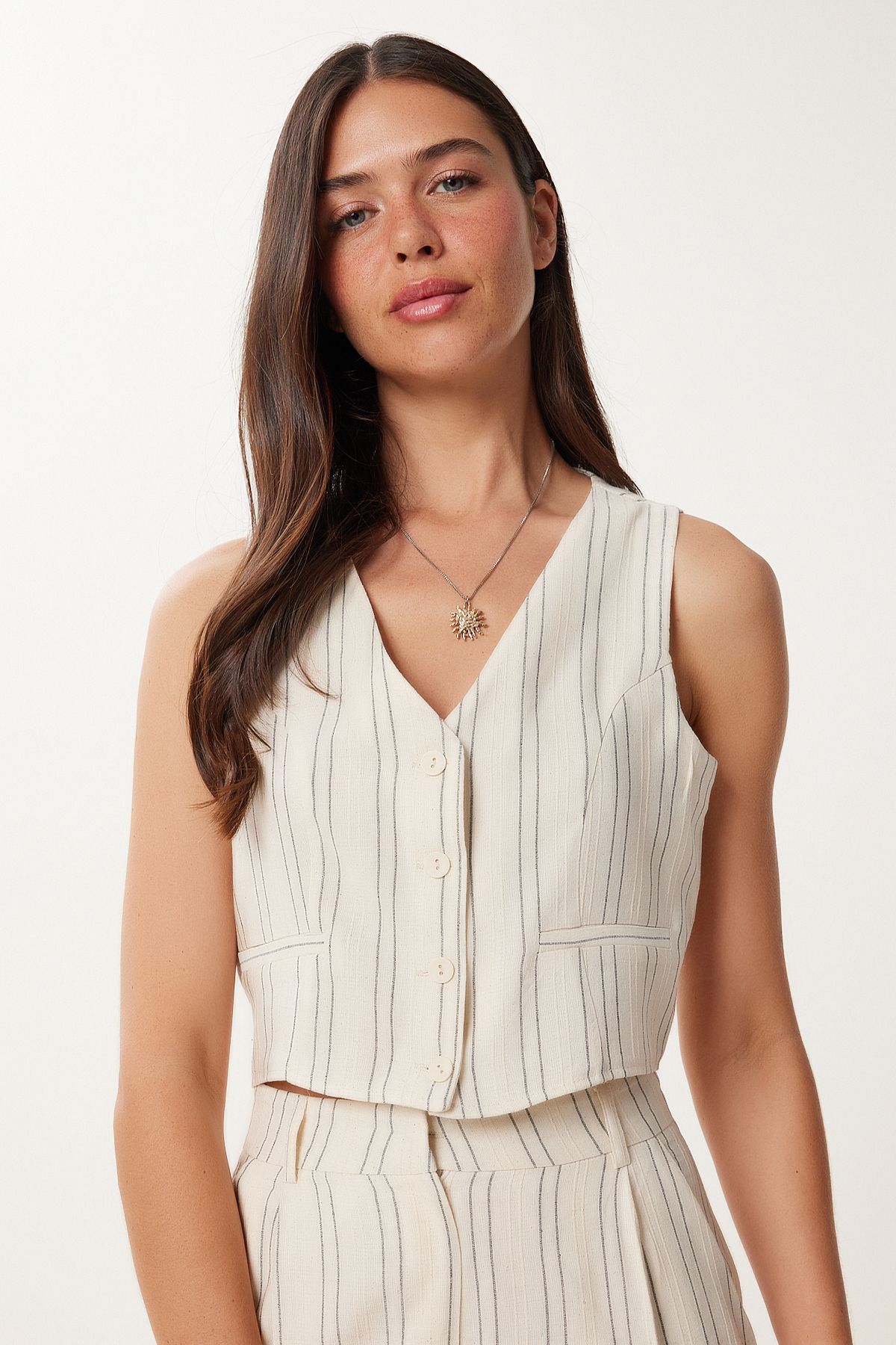 Happiness İstanbul-Women's Cream Black Striped Linen Vest Pants Suit Bv00129 4