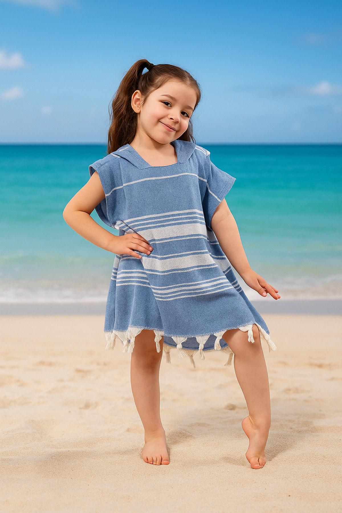 Formeya Çocuk Bornoz Panço %100 Pamuk Plaj Havlusu Peştemal Mavi fotoğrafı 4 (önizleme)