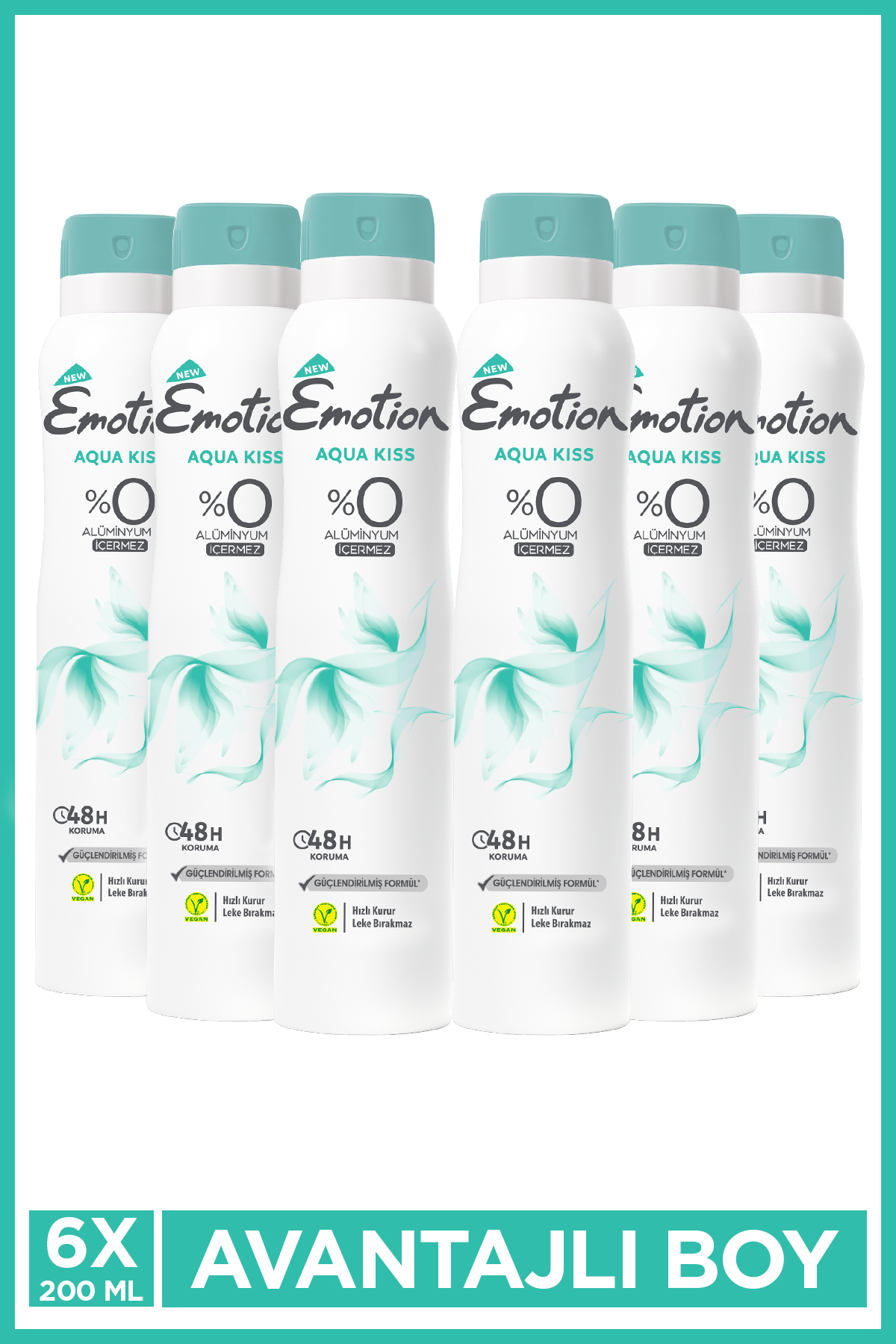Emotion Aqua Kiss Kadın Vegan Deodorant 6x200 ml Hızlı Kurur, Leke Bırakmaz