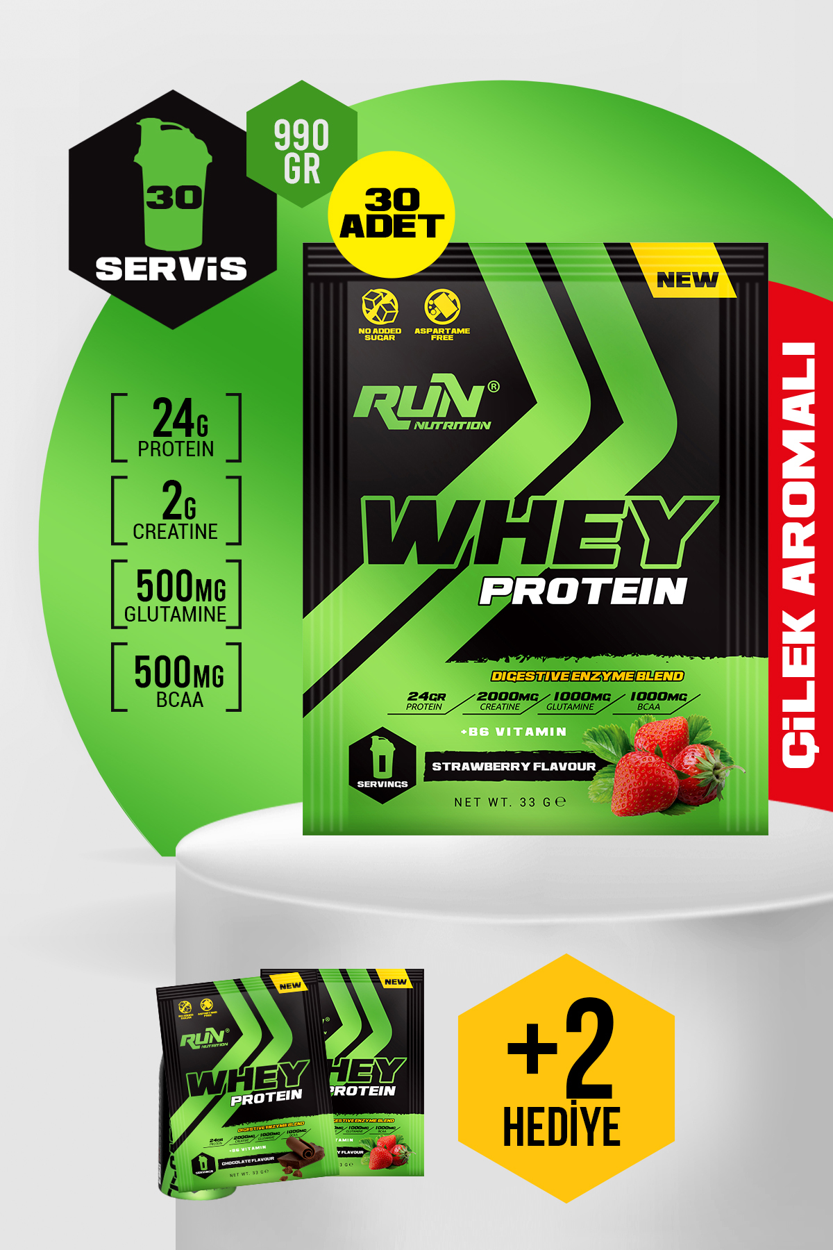 Run Nutrition Whey Protein Çilek Aromalı Saşe - 30 Adet - 990g - Hediyeli