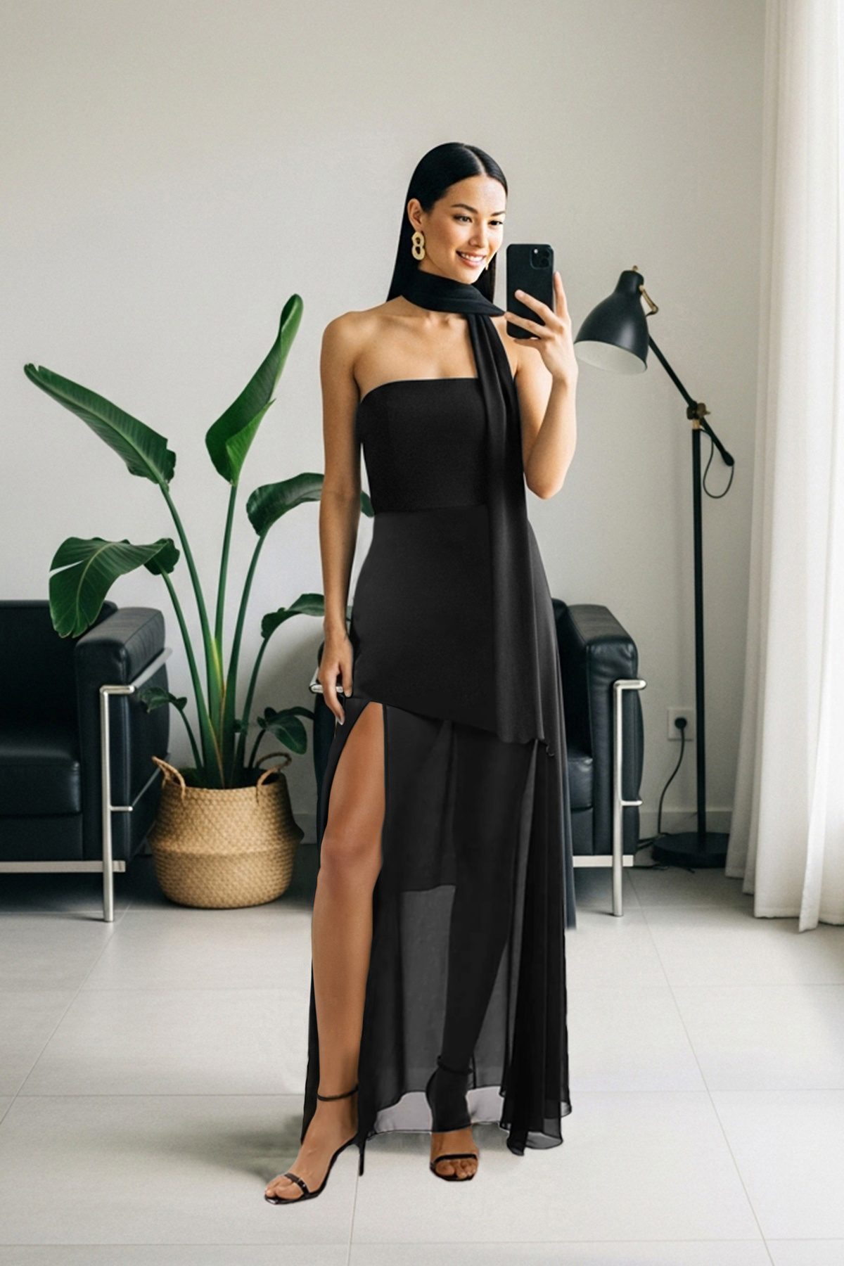 Trendyol Collection Czarna szalowa, tkana, długa suknia wieczorowa i sukienka na zakończenie szkoły TPRSS25AE00188