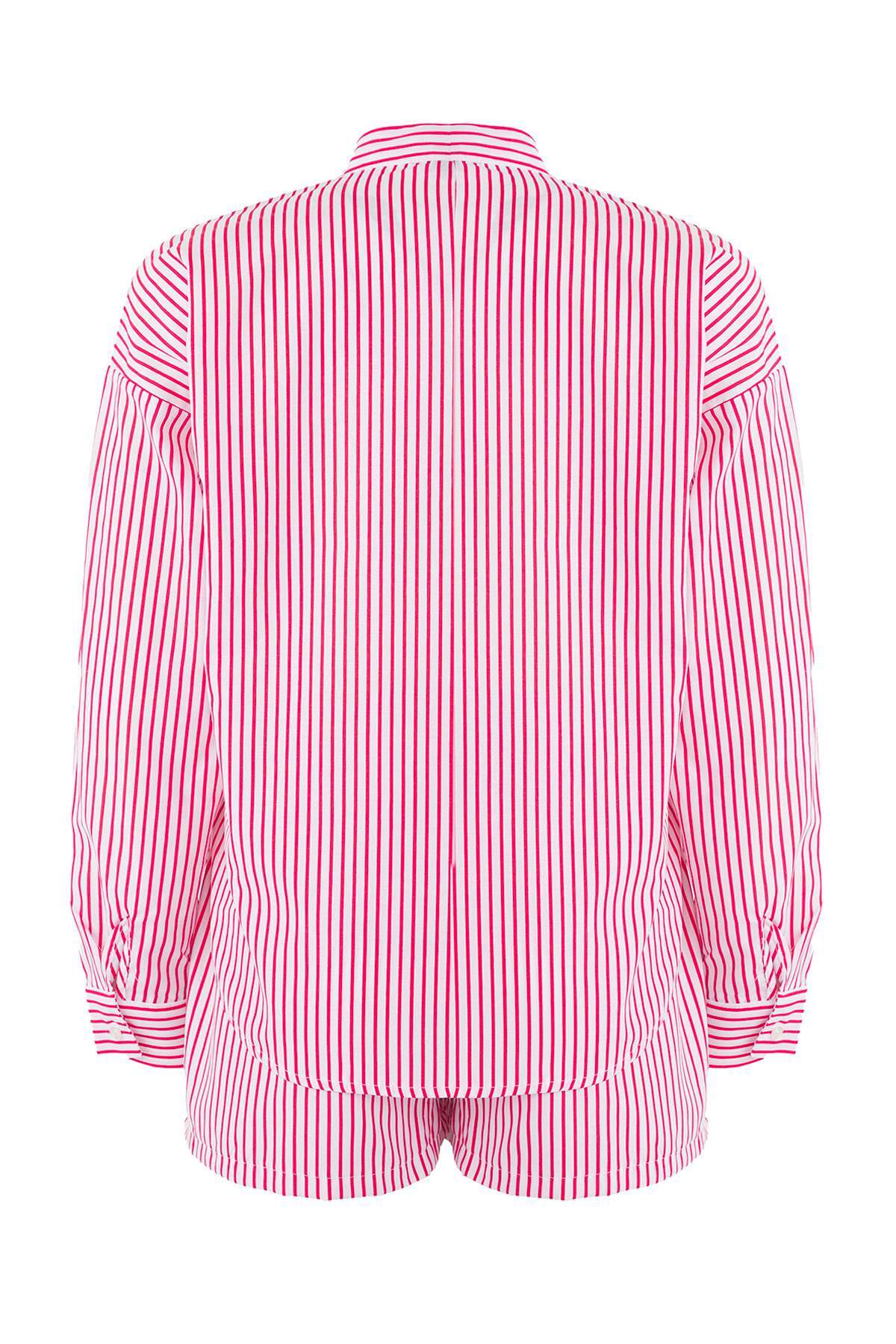 Trendyolmilla  Çizgili Dokuma Nakışlı %100 Pamuk Plaj Gömlek-Şort Takım TBESS25AU00054 - Görsel 6