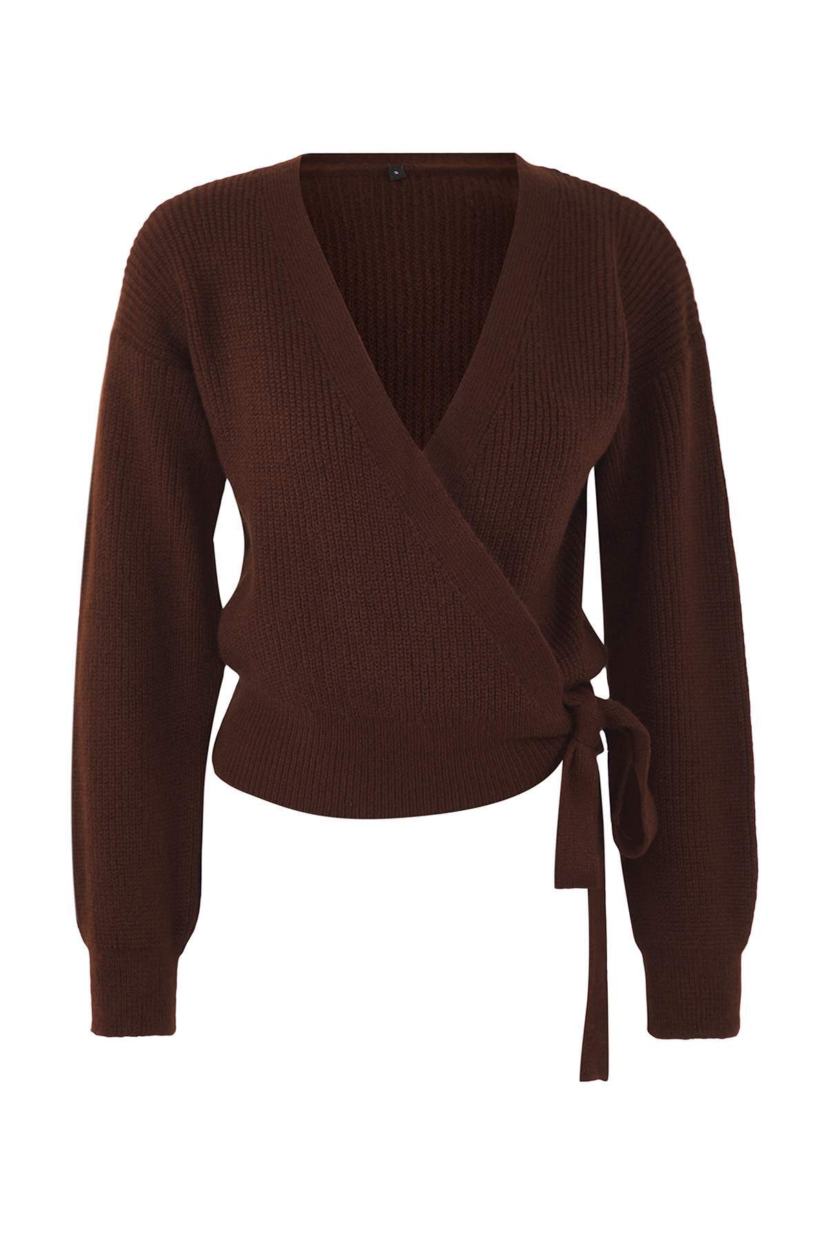 Trendyolmilla  Kahverengi Yumuşak Dokulu Kruvaze Yaka Triko Hırka TWOAW24HI00282 - Görsel 7