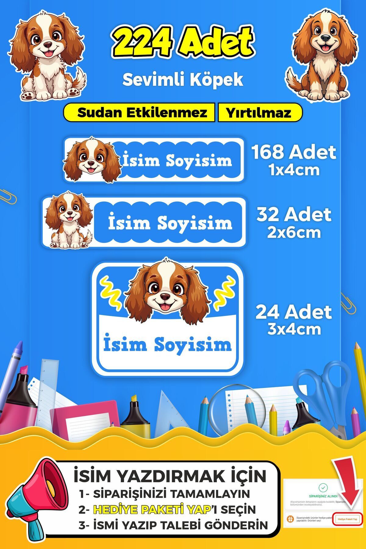 SB store Sevimli Köpek Temalı Okul Kreş Kişiye Özel isim Etiket Seti - Model 386