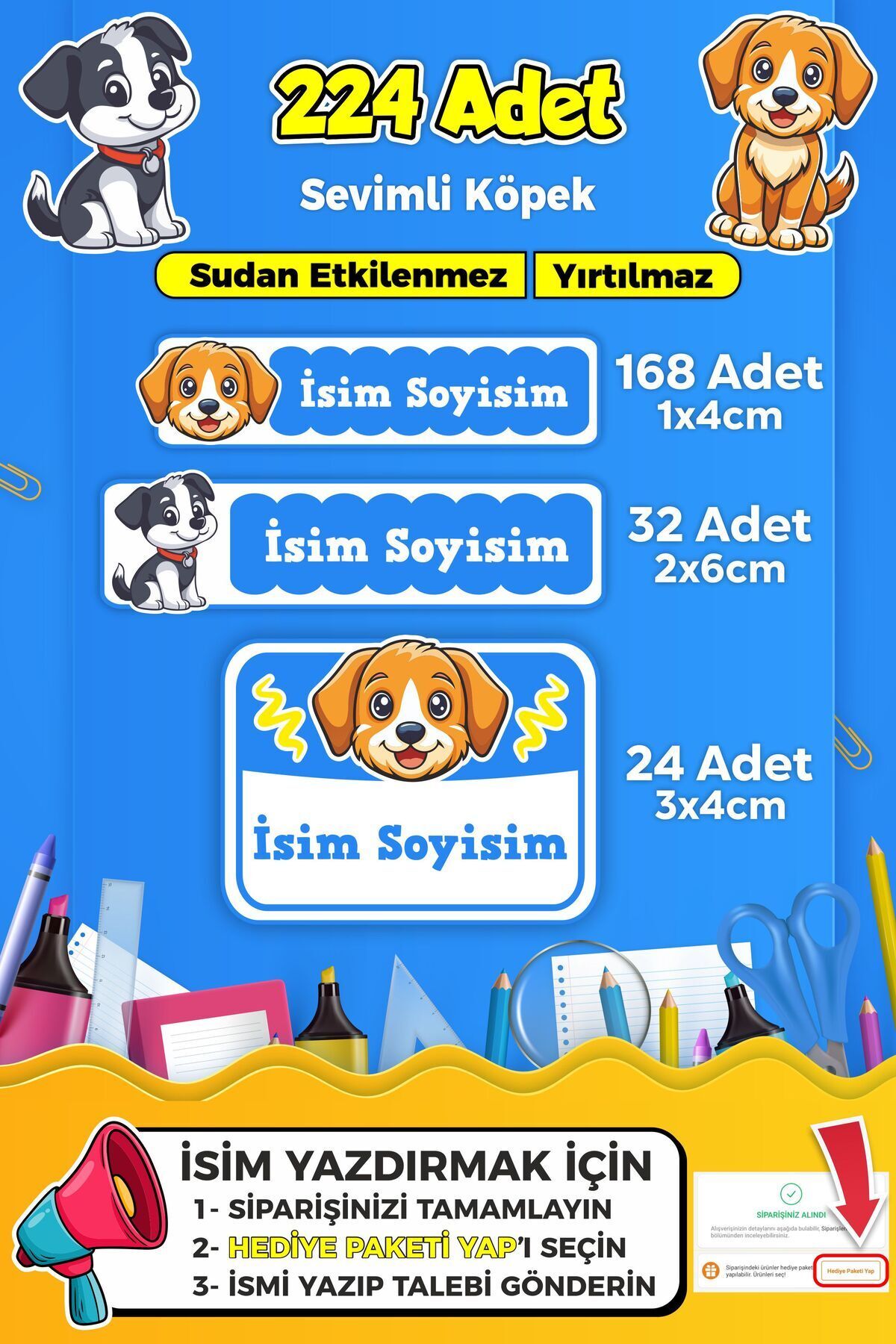 SB store Sevimli Köpek Temalı Okul Kreş Kişiye Özel isim Etiket Seti - Model 398