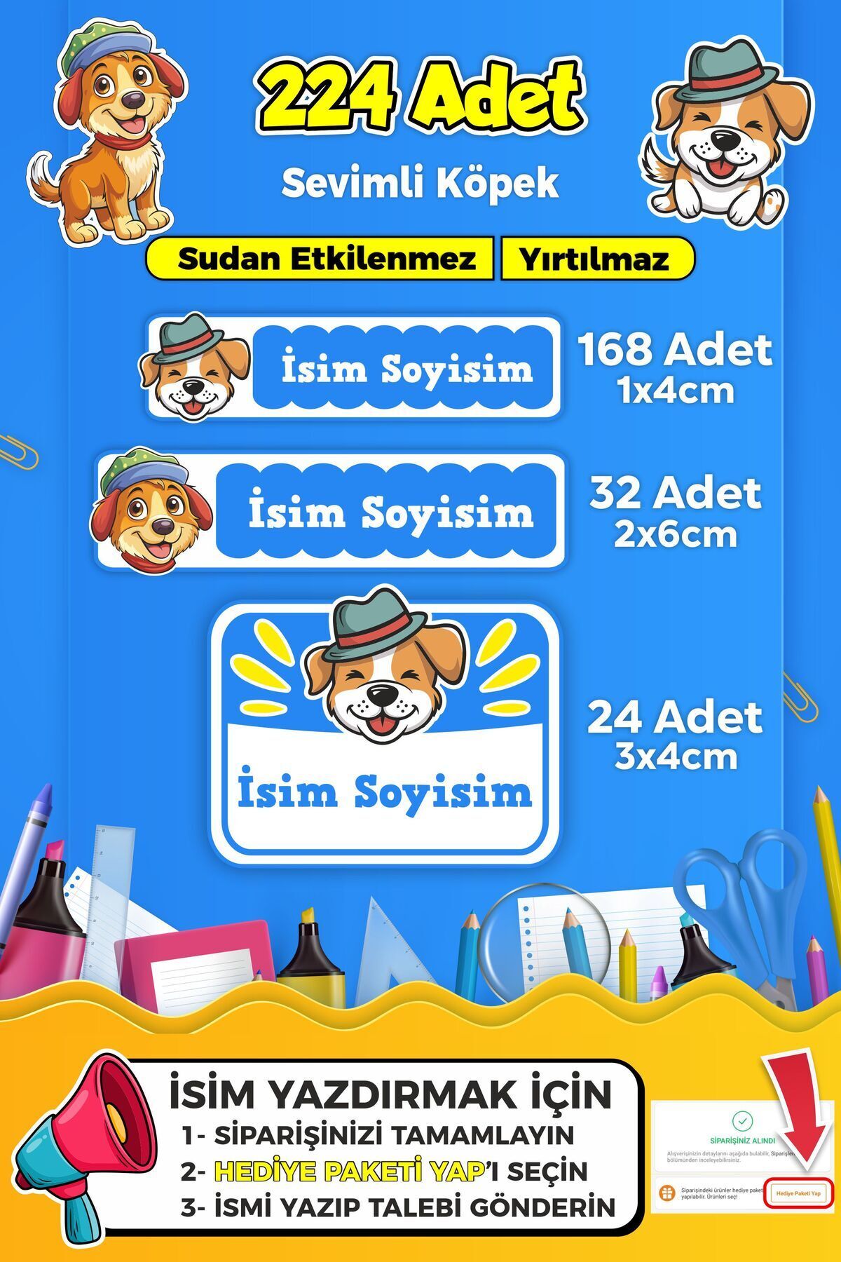 SB store Sevimli Köpek Temalı Okul Kreş Kişiye Özel isim Etiket Seti - Model 392