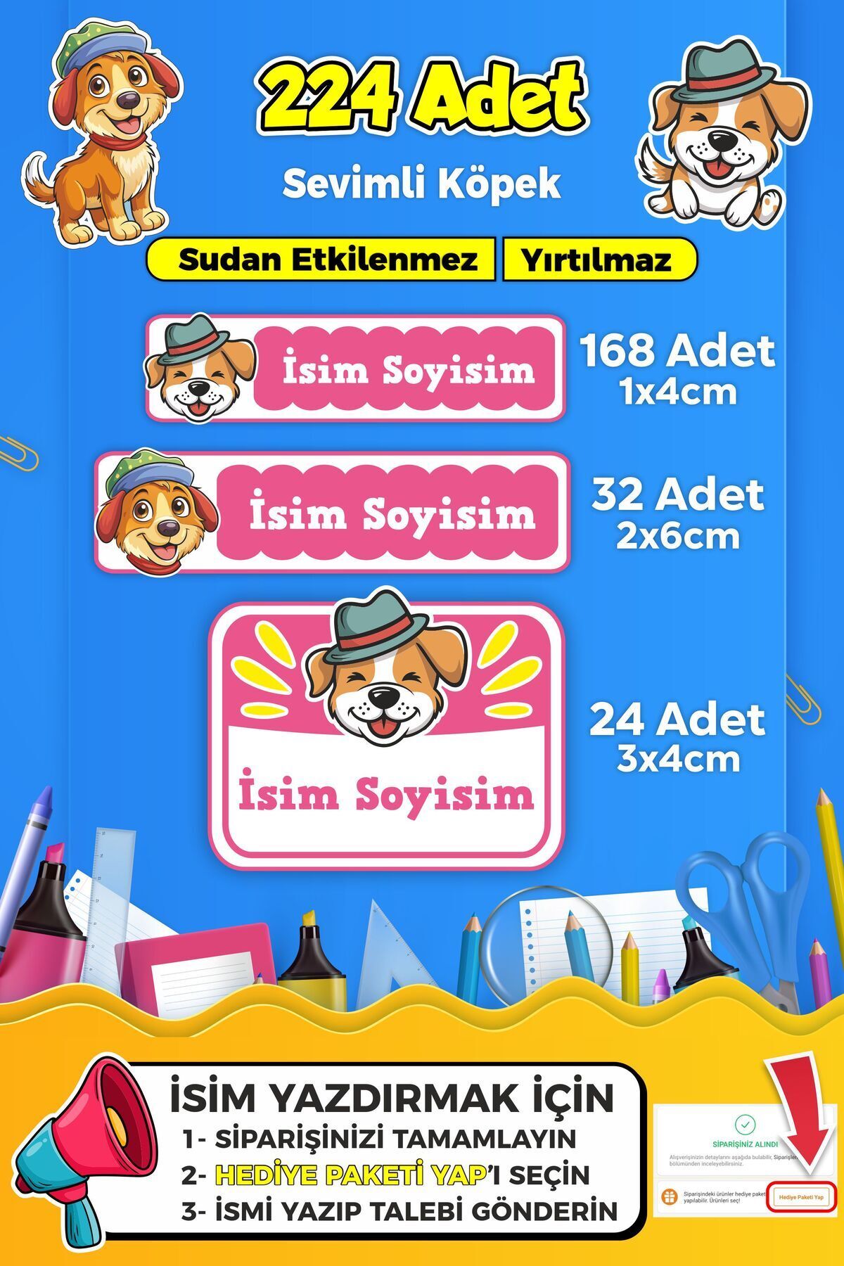 SB store Sevimli Köpek Temalı Okul Kreş Kişiye Özel isim Etiket Seti - Model 391