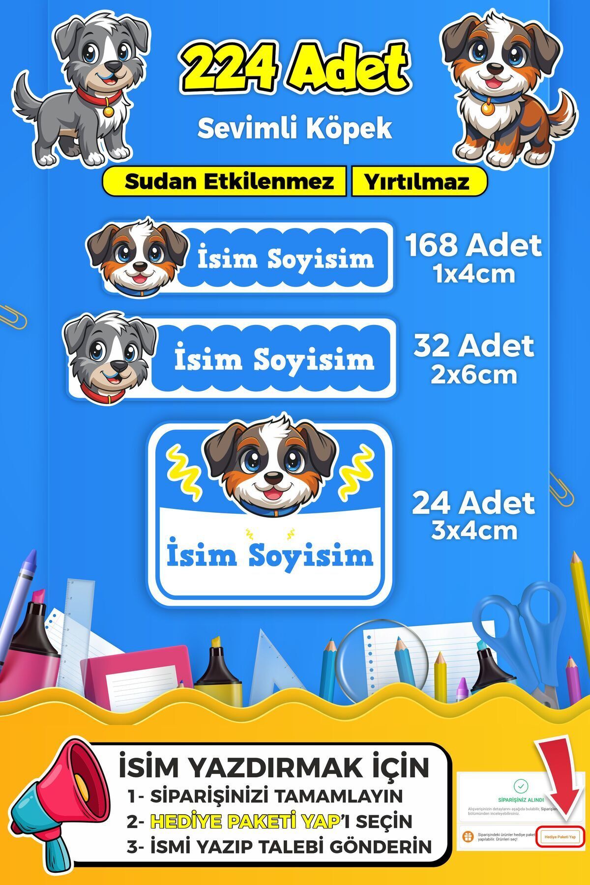 SB store Sevimli Köpek Temalı Okul Kreş Kişiye Özel isim Etiket Seti - Model 394