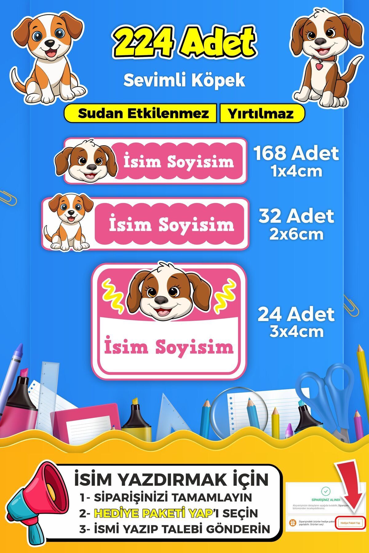 SB store Sevimli Köpek Temalı Okul Kreş Kişiye Özel isim Etiket Seti - Model 395