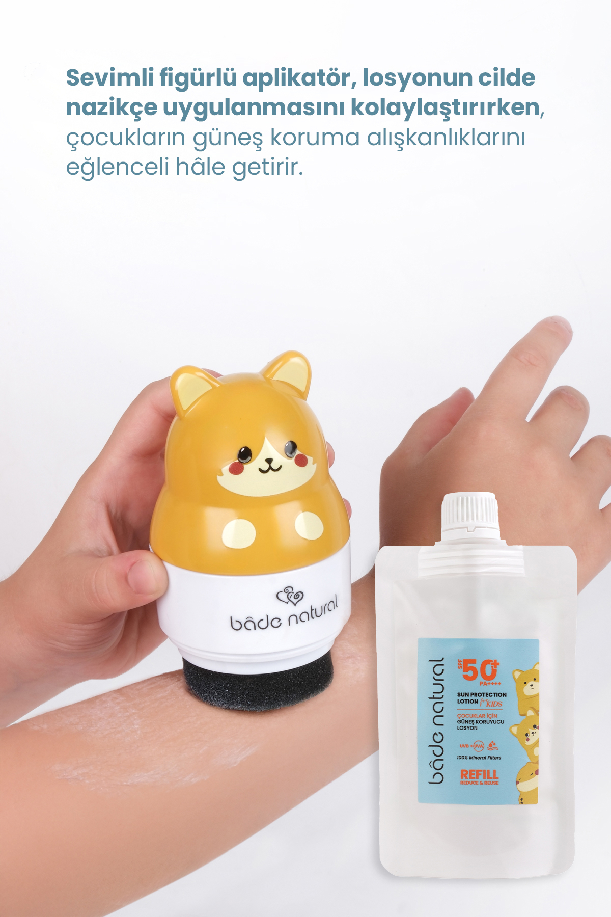 Bade Natural Çocuk Güneş Koruyucu Losyon 50+ SPF %100 Doğal Refill Paket + Kedi Figürlü Aplikatör Set fotoğrafı 4 (önizleme)