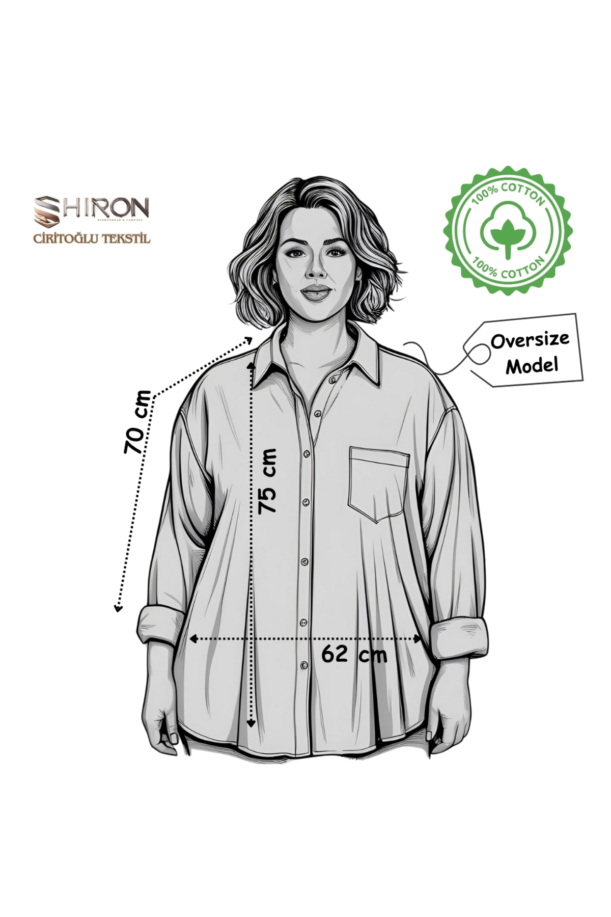 Shiron Sportswear&Company  Kadın Kahve Oversize Keten Gömlek %100 Pamuk - Görsel 6