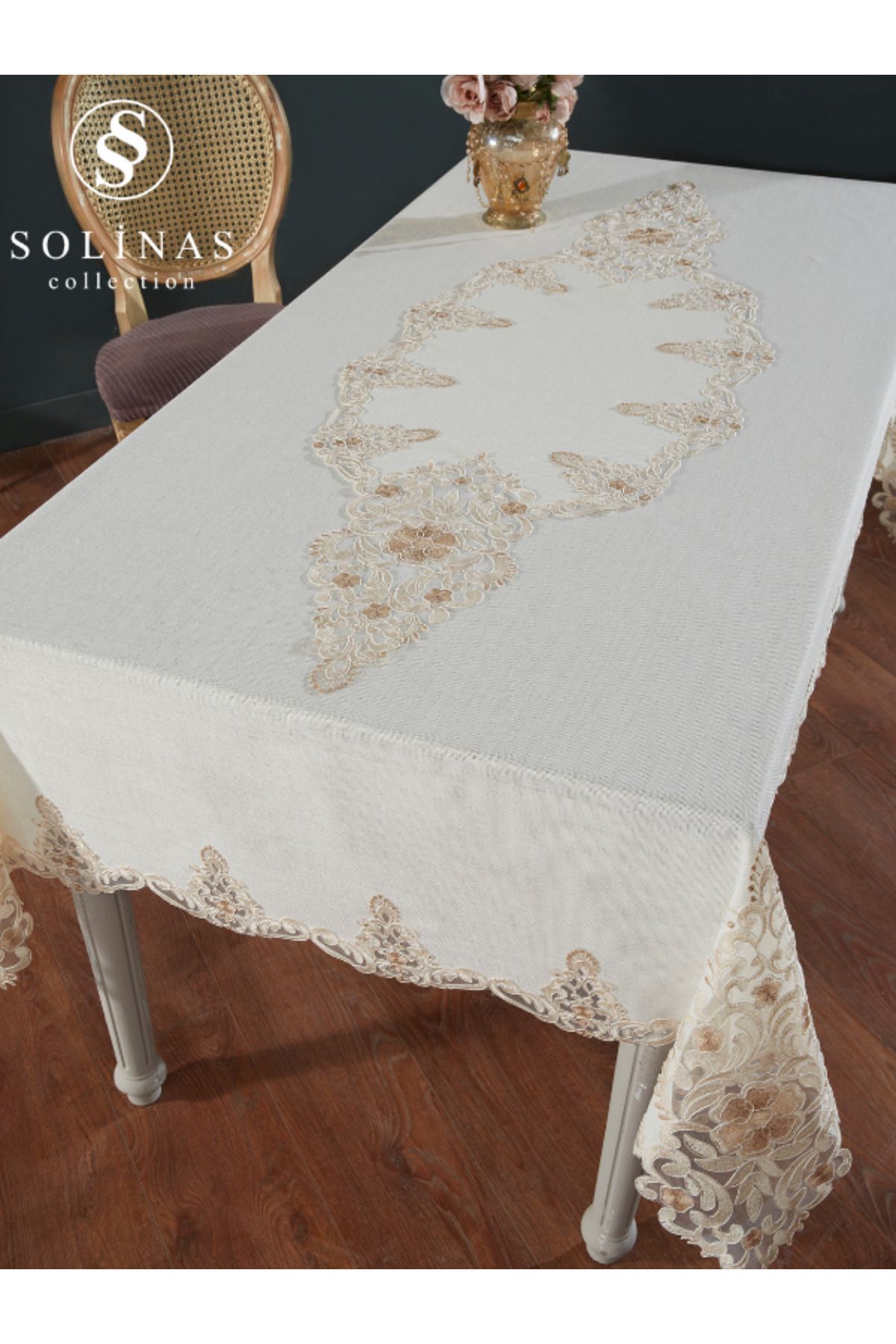 Solinas Collection Roma Krem Linen Kumaş Vizon Nakışlı Masa Örtüsü Ve Runner
