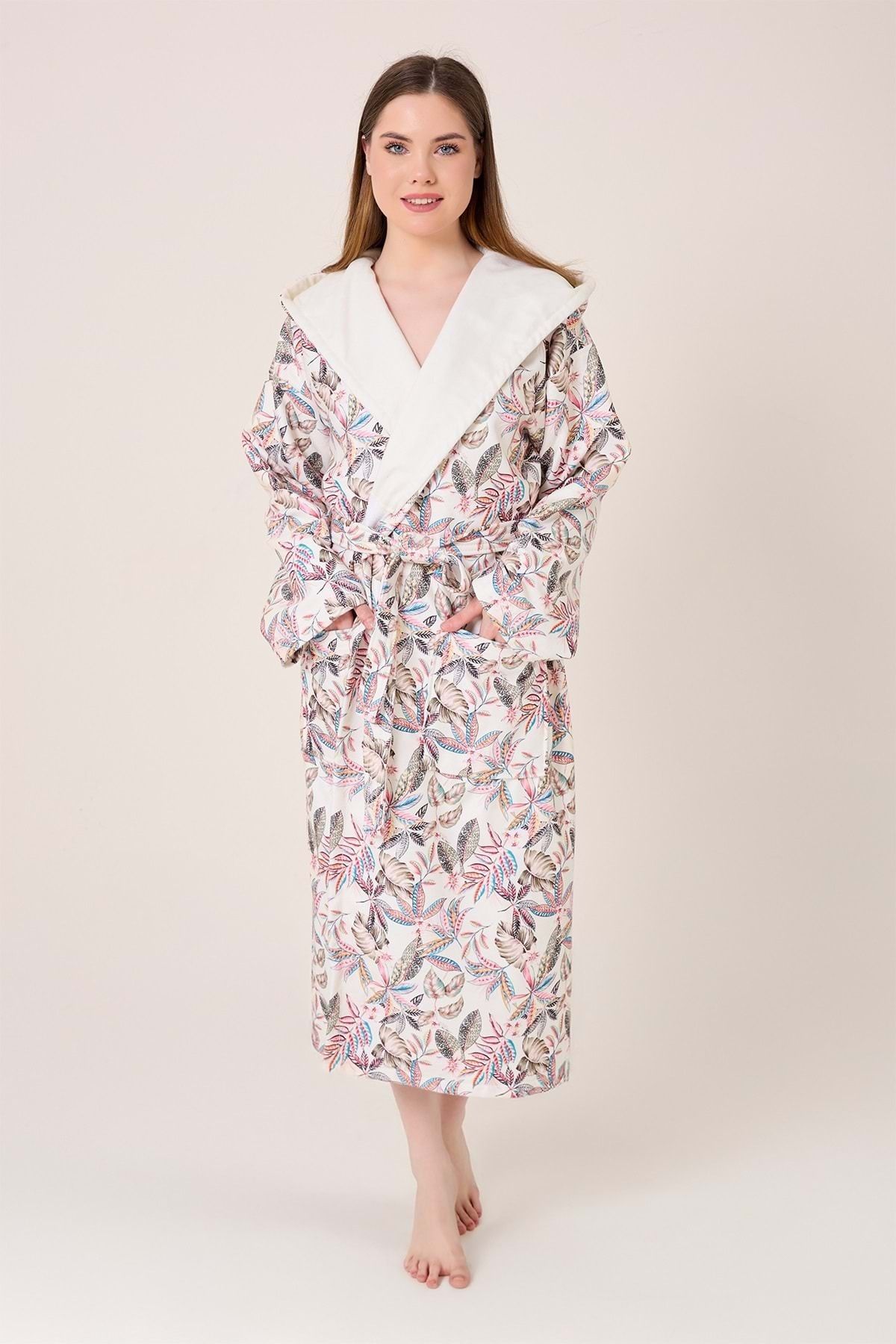 VEVİEN HOME-Fiore Patterned Digital Printed Hooded Bathrobe 3