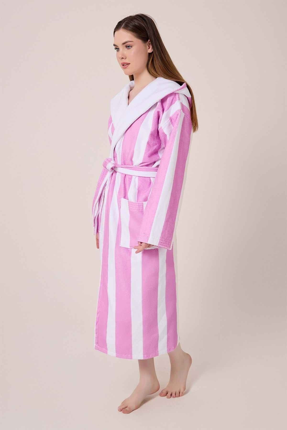 VEVİEN HOME-Striped Patterned Digital Printed Hooded Bathrobe Lila 4