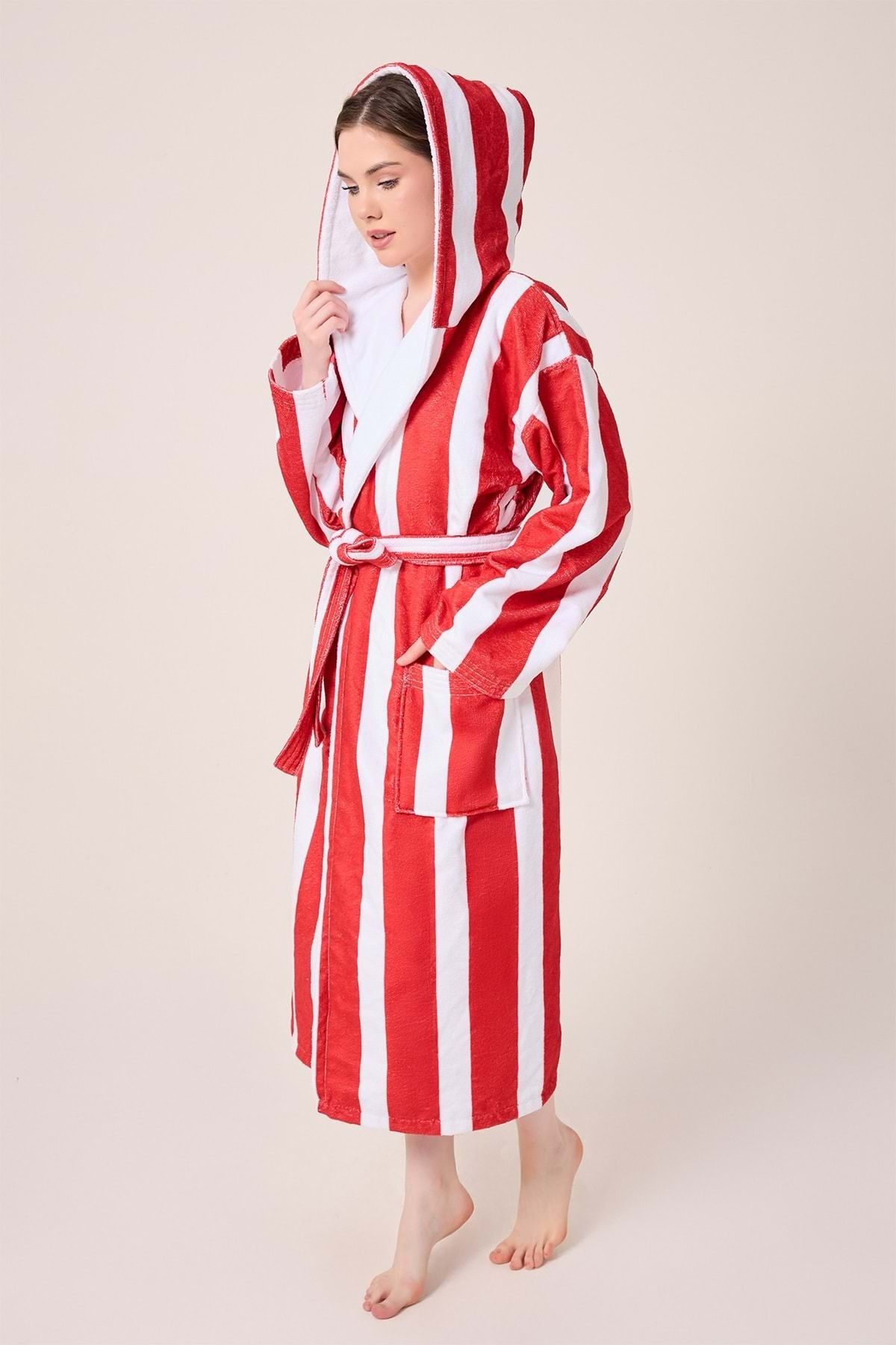 VEVİEN HOME-Striped Patterned Digital Printed Hooded Bathrobe Claret Red 2