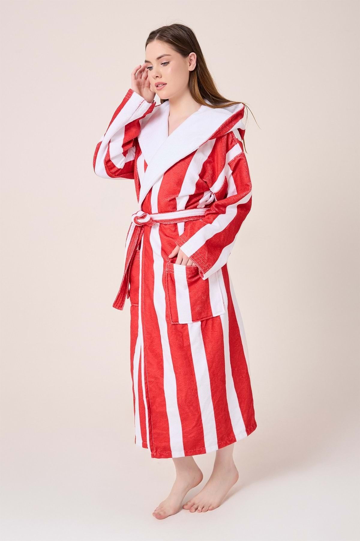 VEVİEN HOME-Striped Patterned Digital Printed Hooded Bathrobe Claret Red 4
