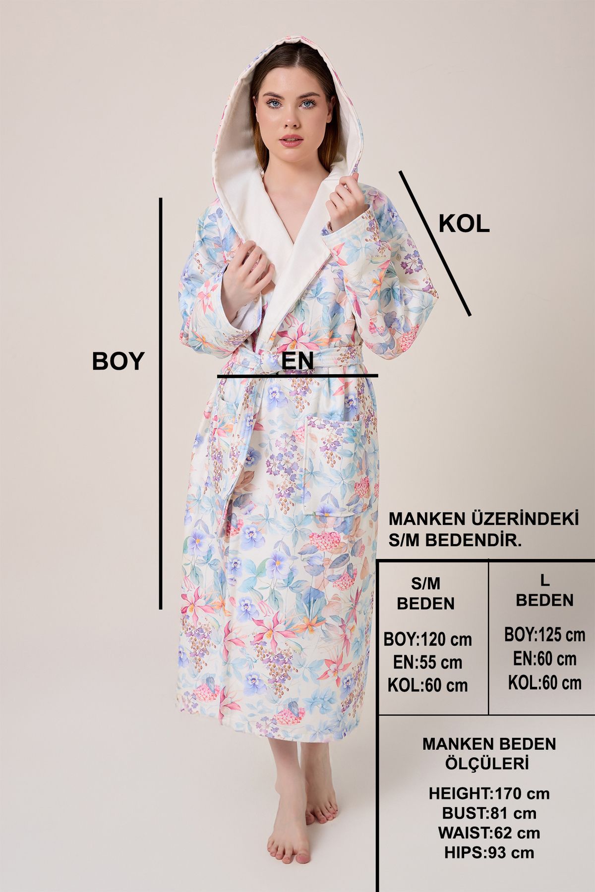 VEVİEN HOME-Narciso Fiore Patterned Digital Printed Hooded Bathrobe 5