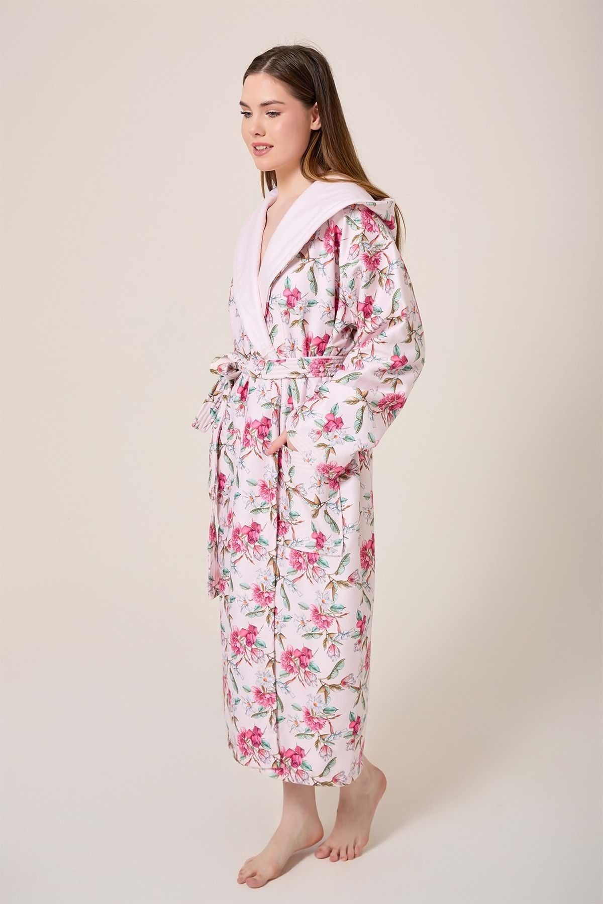 VEVİEN HOME-Peonia Fiore Patterned Digital Printed Hooded Bathrobe 4