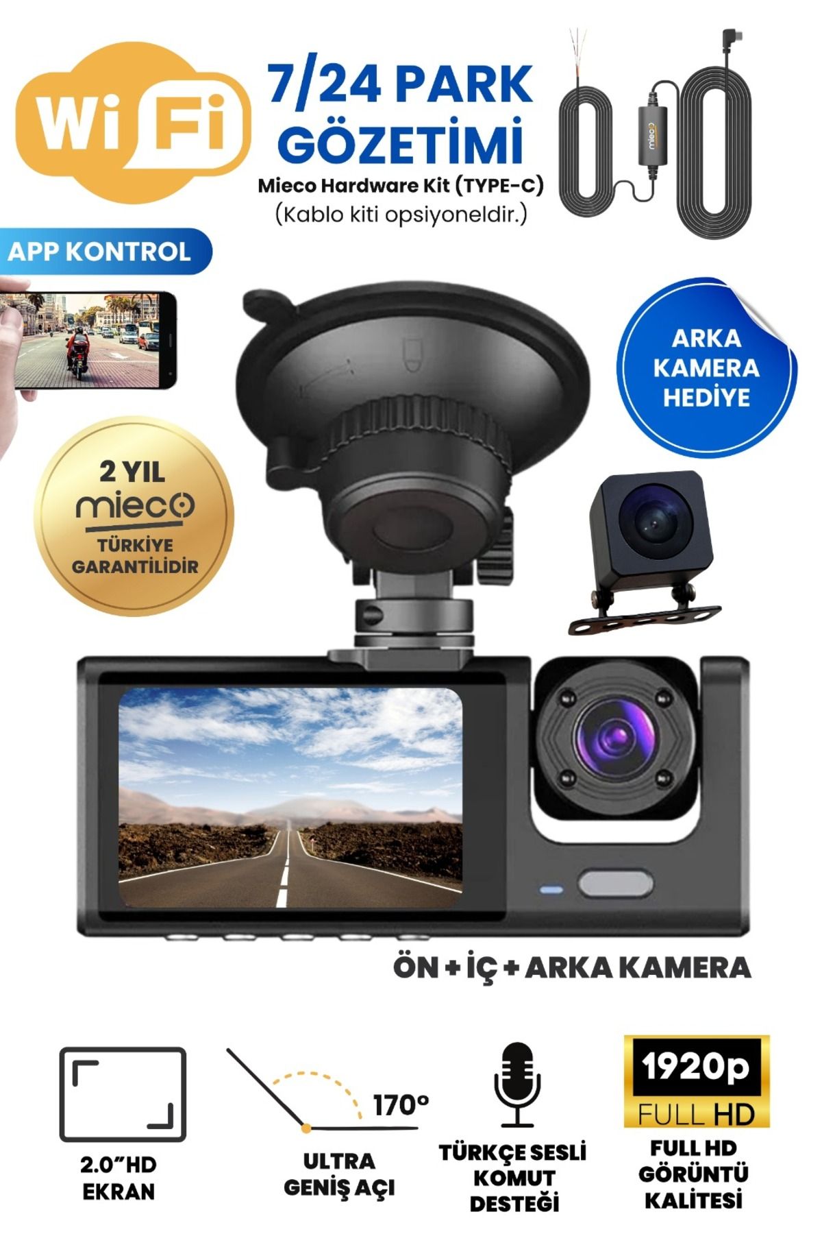 Mieco 1s Wifi/1920p Fhd/170° Ultra Geniş Açı/gece Görüşü Ve G-sensörü/ 3 Kameralı Araç Kamerası (2025)