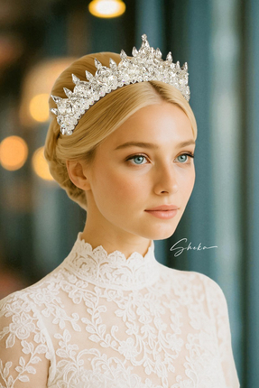 SHEKA Şık Prenses Tacı, Gelin Tacı, Düğün Tacı, Ful Kristal ve Boncuk İşlemeli