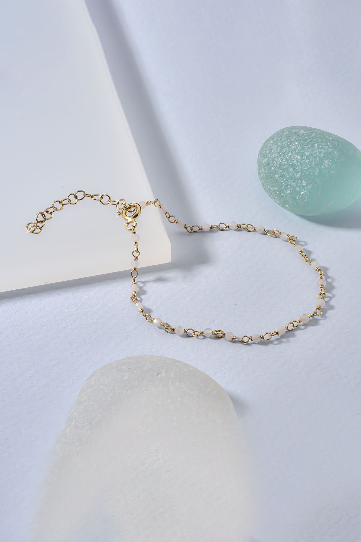 Nox Jewelry 14 Ayar Altın Kaplama Pembe Kuvars Doğal Taşlı El Yapımı Gümüş Bileklik - CBS00130