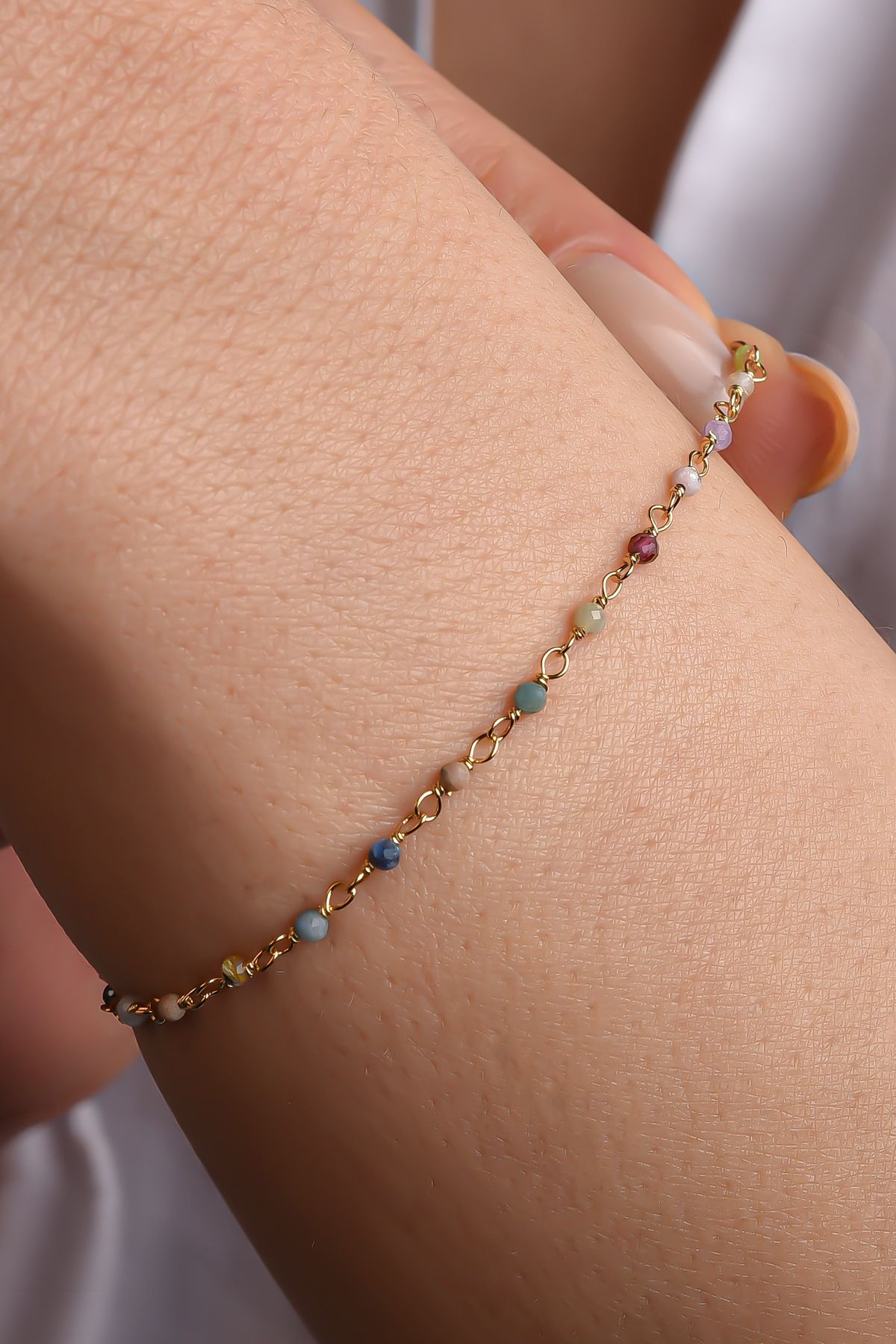 Nox Jewelry 14 Ayar Altın Kaplama Çok Renkli Doğal Taşlı El Yapımı Gümüş Bileklik - CBS00131