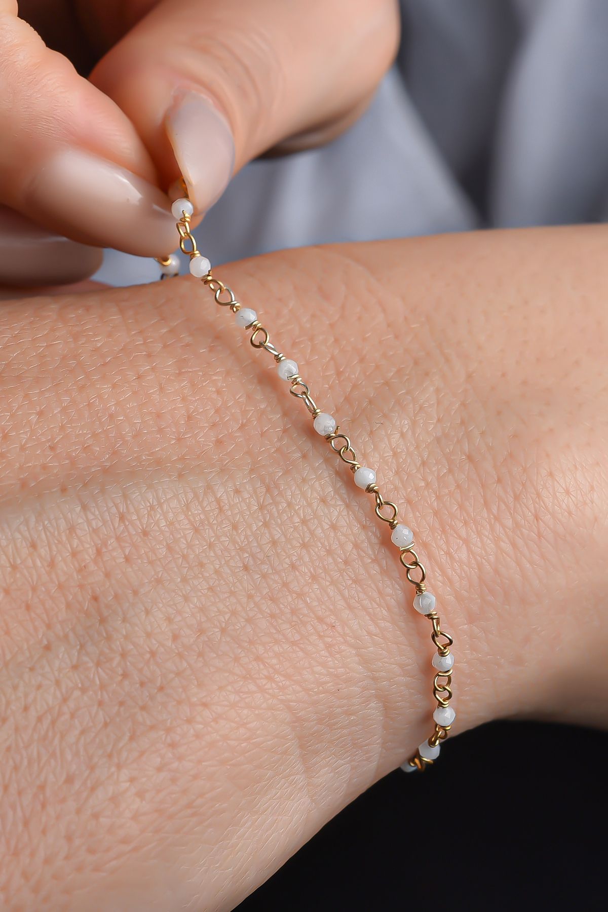 Nox Jewelry 14 Ayar Altın Kaplama Doğal Ay Taşı El Yapımı Gümüş Bileklik - CBS00134