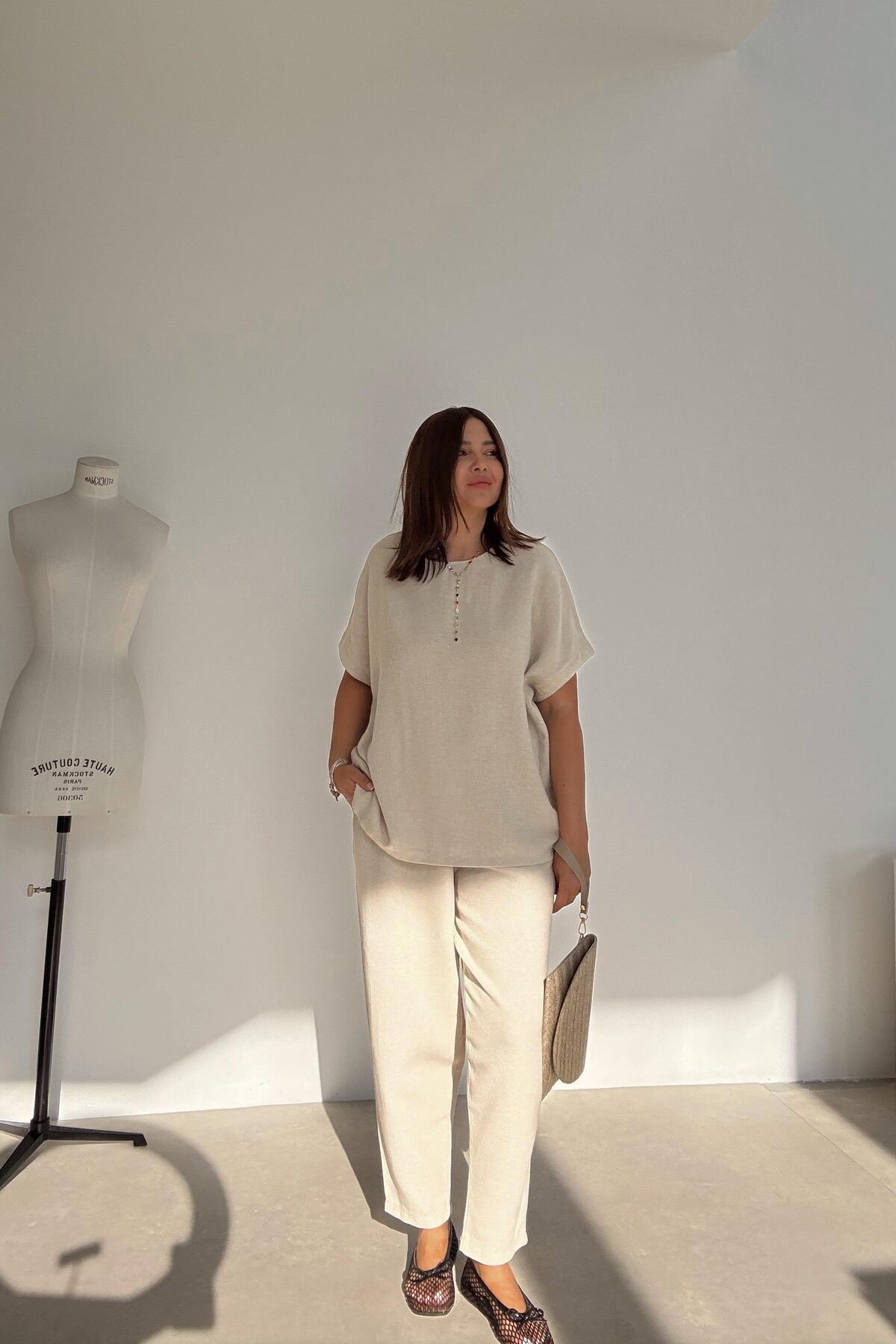 ELVAN TOLON-Stone Color Casual Linen Set 3