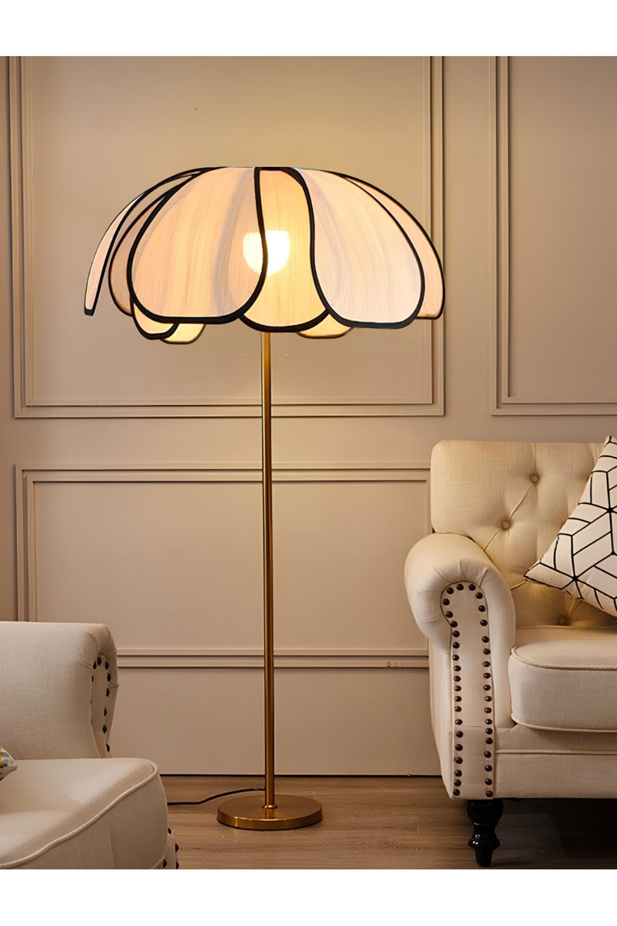 burenze Boheme Modern Tasarım Palm Burenze Dekoratif Lambader Eskitme Gold Gövde Ekru Kumaş Abajur